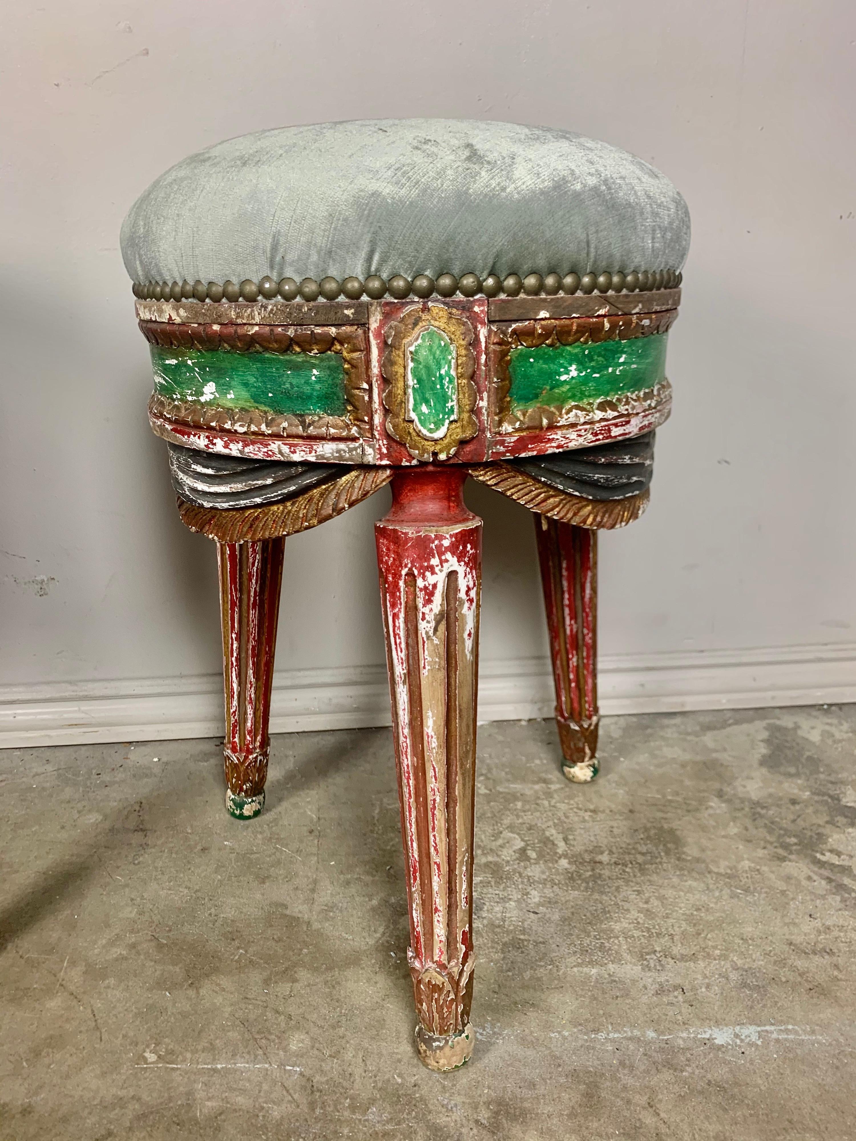 Carved Set of Three French Painted Stools with Swags For Sale