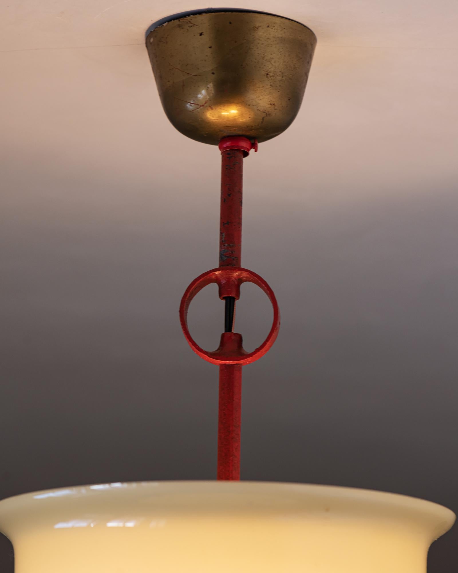 Mid-Century Modern Set of Three French Pendants in Red Lacquered Metal with Opaque Shades, 1950s