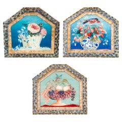 Set of Three French Reverse Paintings on Glass