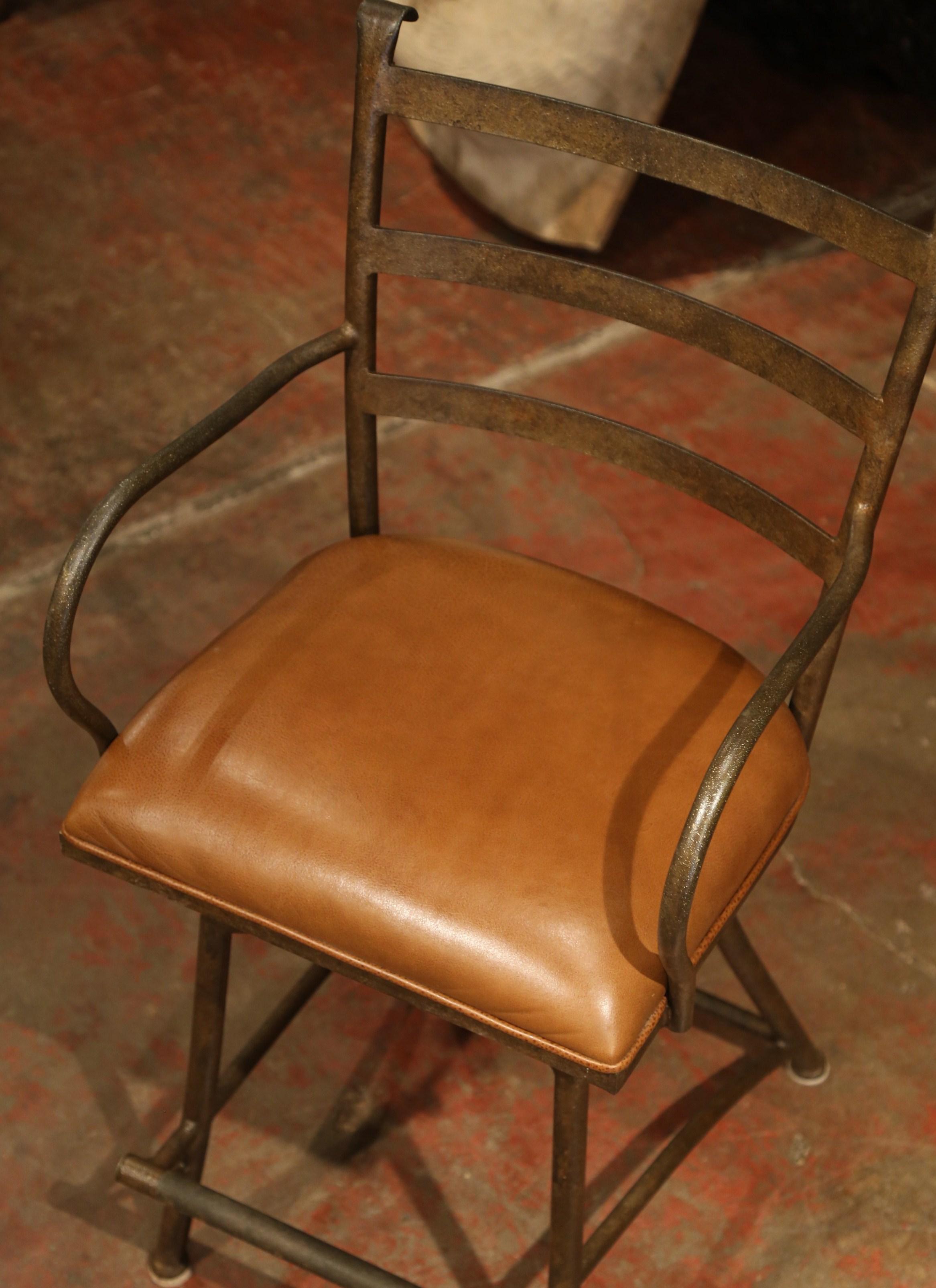 Forged Set of Three French Rust Iron Swivel Stools with Brown Leather Seat