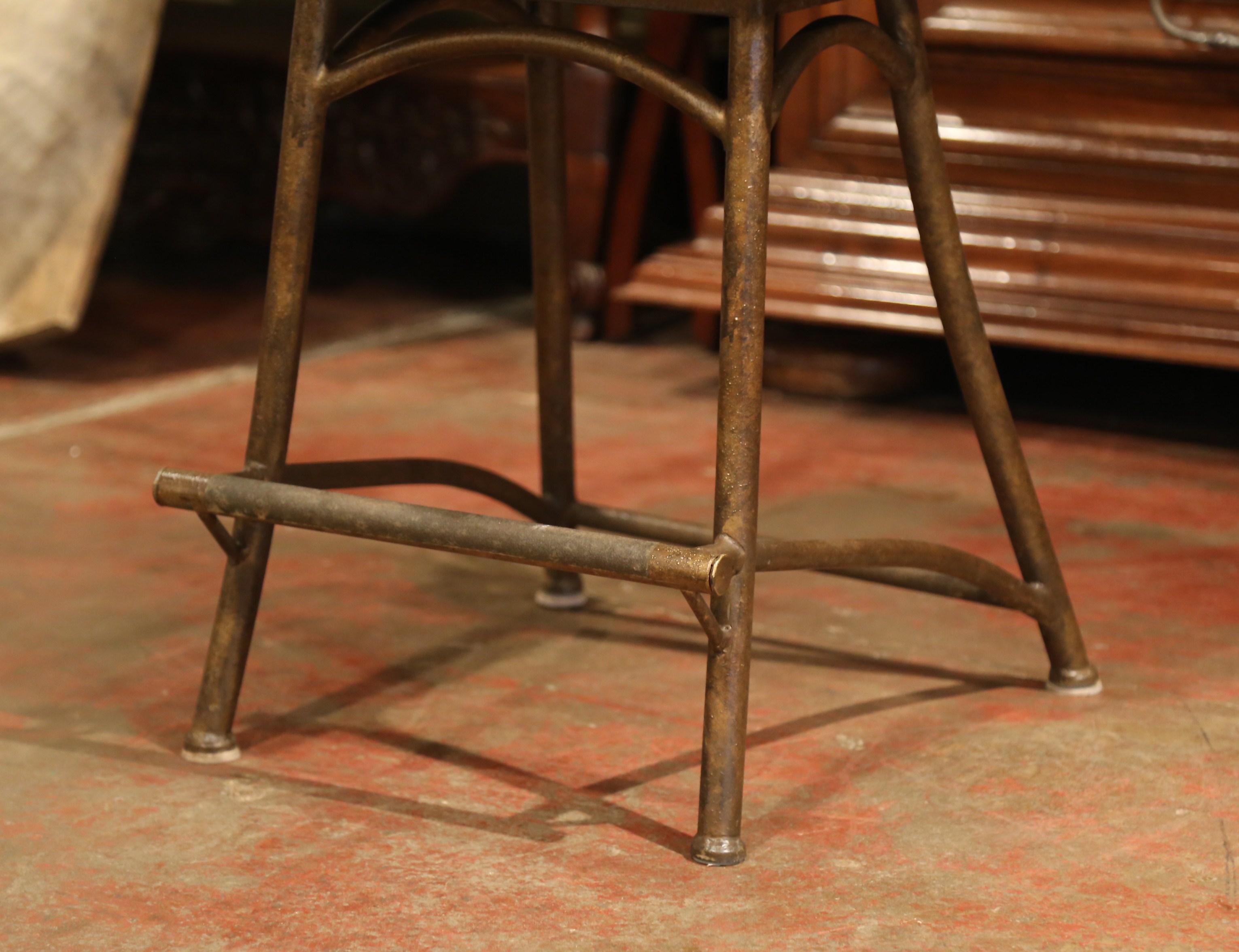 Contemporary Set of Three French Rust Iron Swivel Stools with Brown Leather Seat