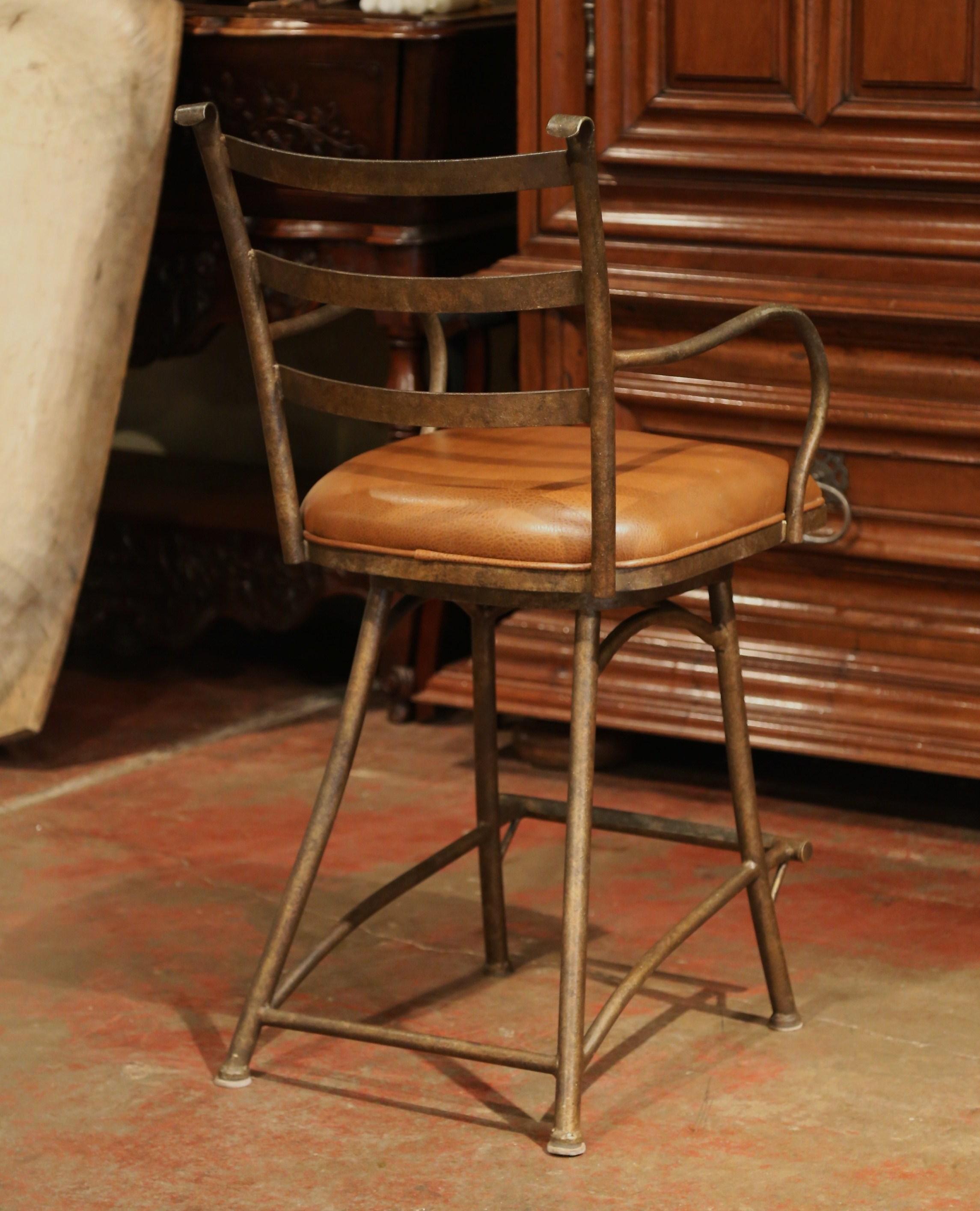 Set of Three French Rust Iron Swivel Stools with Brown Leather Seat 2