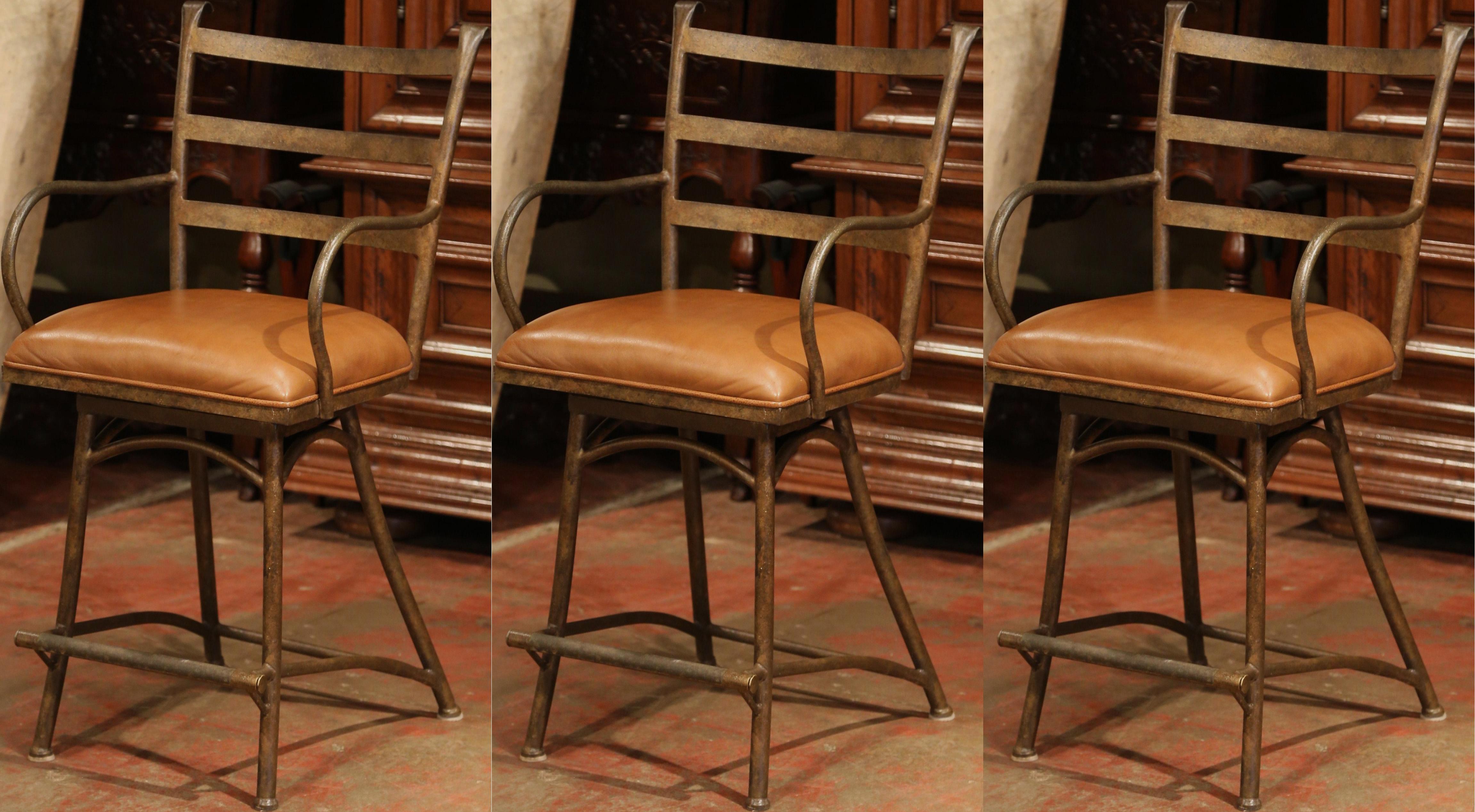 Set of Three French Rust Iron Swivel Stools with Brown Leather Seat 3