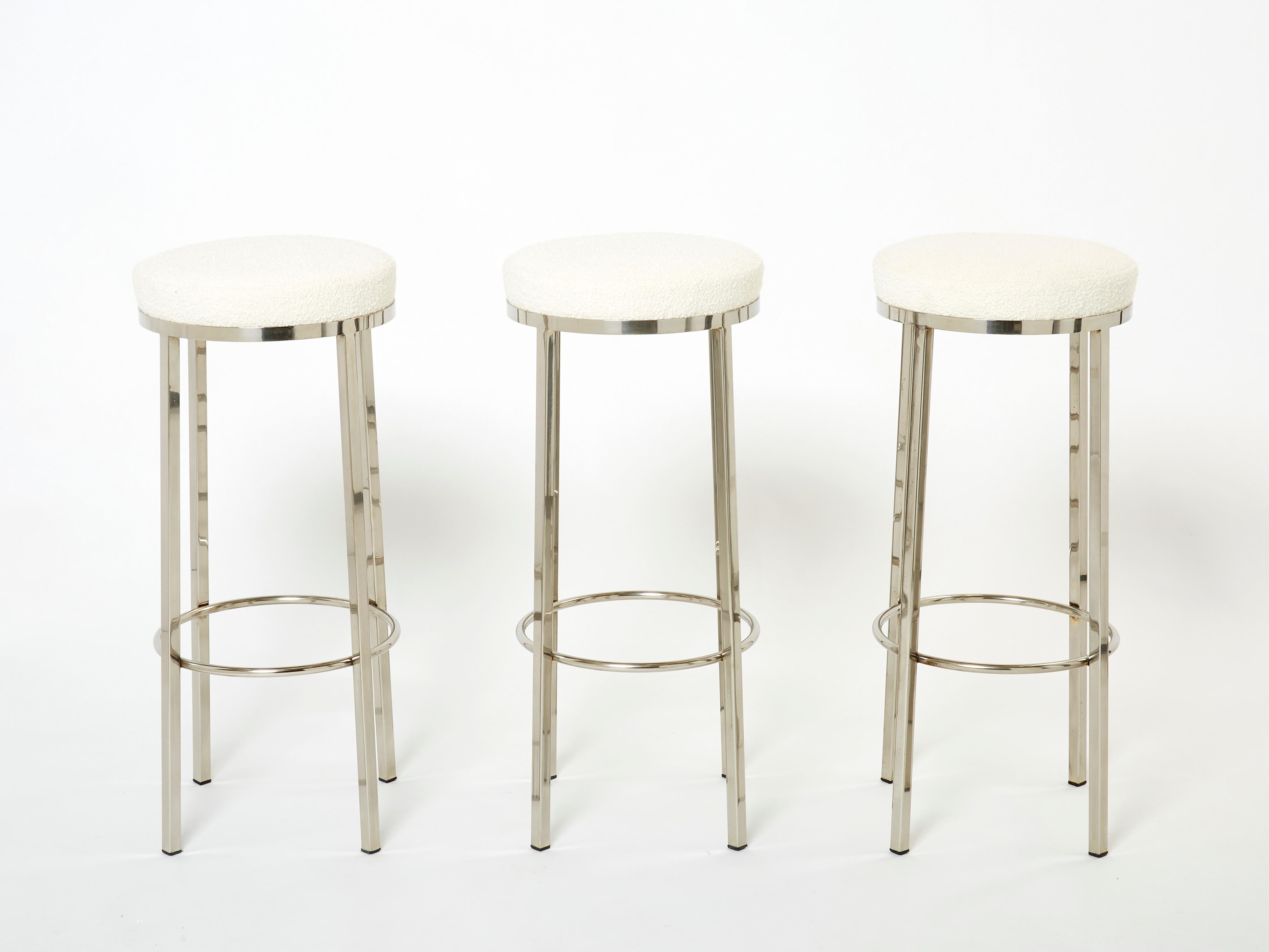 Set of Three French Steel Bouclé Bar Stools by J.C. Mahey, 1970s In Good Condition For Sale In Paris, IDF