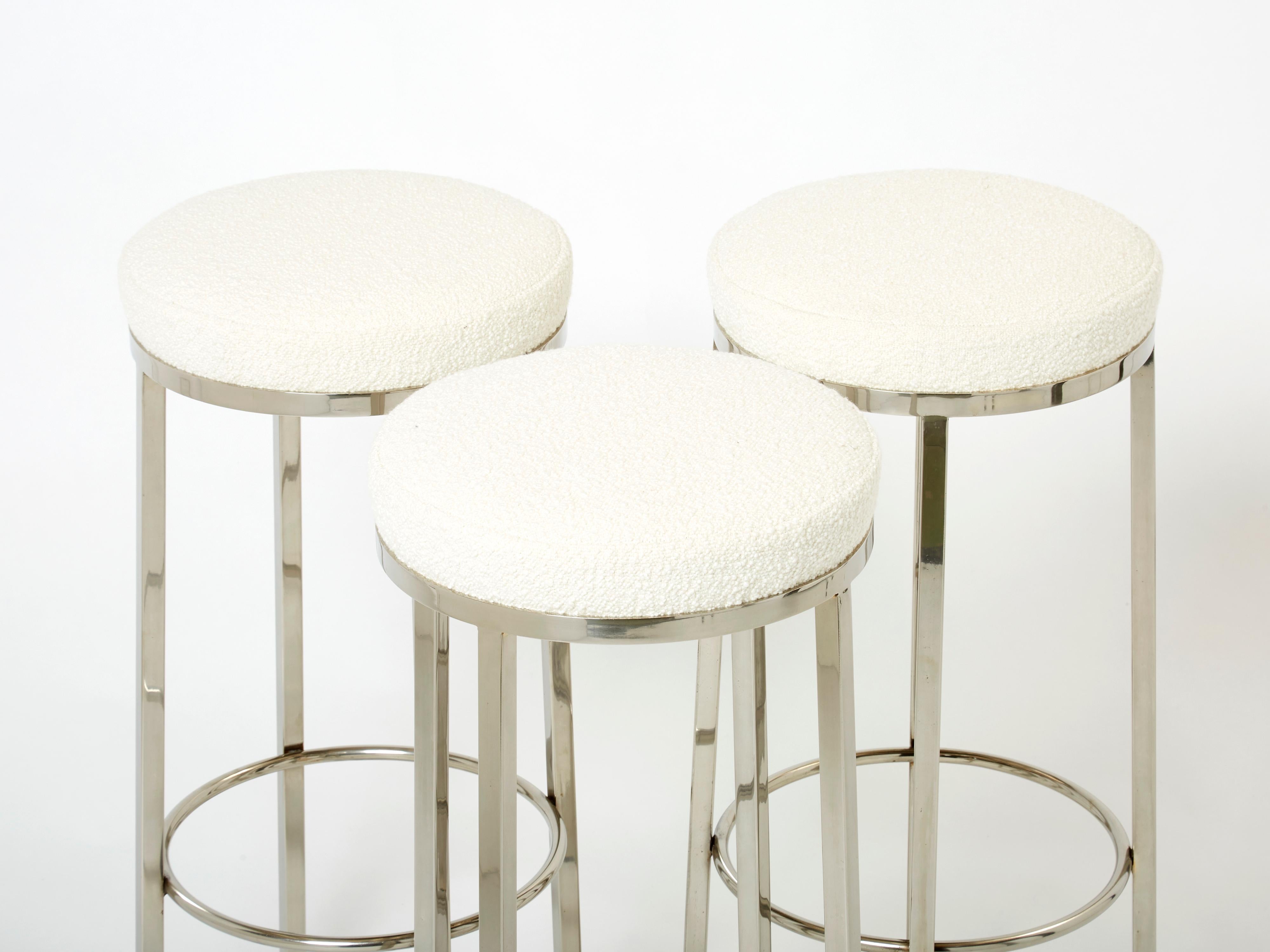 Set of Three French Steel Bouclé Bar Stools by J.C. Mahey, 1970s For Sale 1