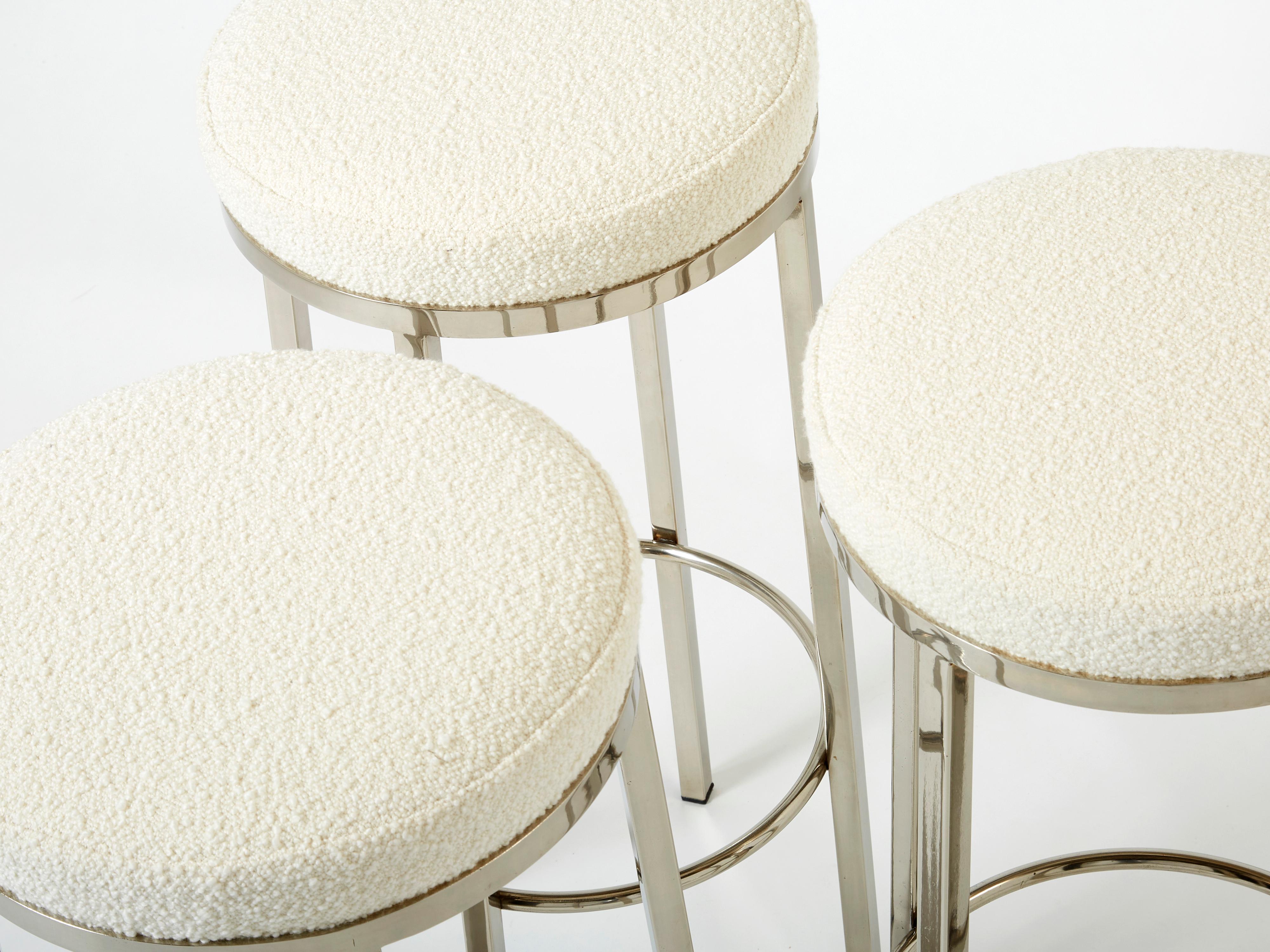 Set of Three French Steel Bouclé Bar Stools by J.C. Mahey, 1970s For Sale 2