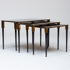 Set of Three French Stylish Brass Nesting Tables Inset with Black Glass Tops