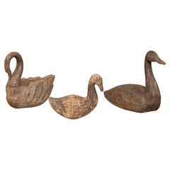 Antique Set of Three French Turn of the Century Carved Swan Sculptures with Patina
