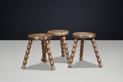 Set of Three French Turned Oak Primitive Stools, France, 1950s