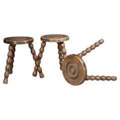 Set of Three French Turned Oak Primitive Stools, France, 1950s