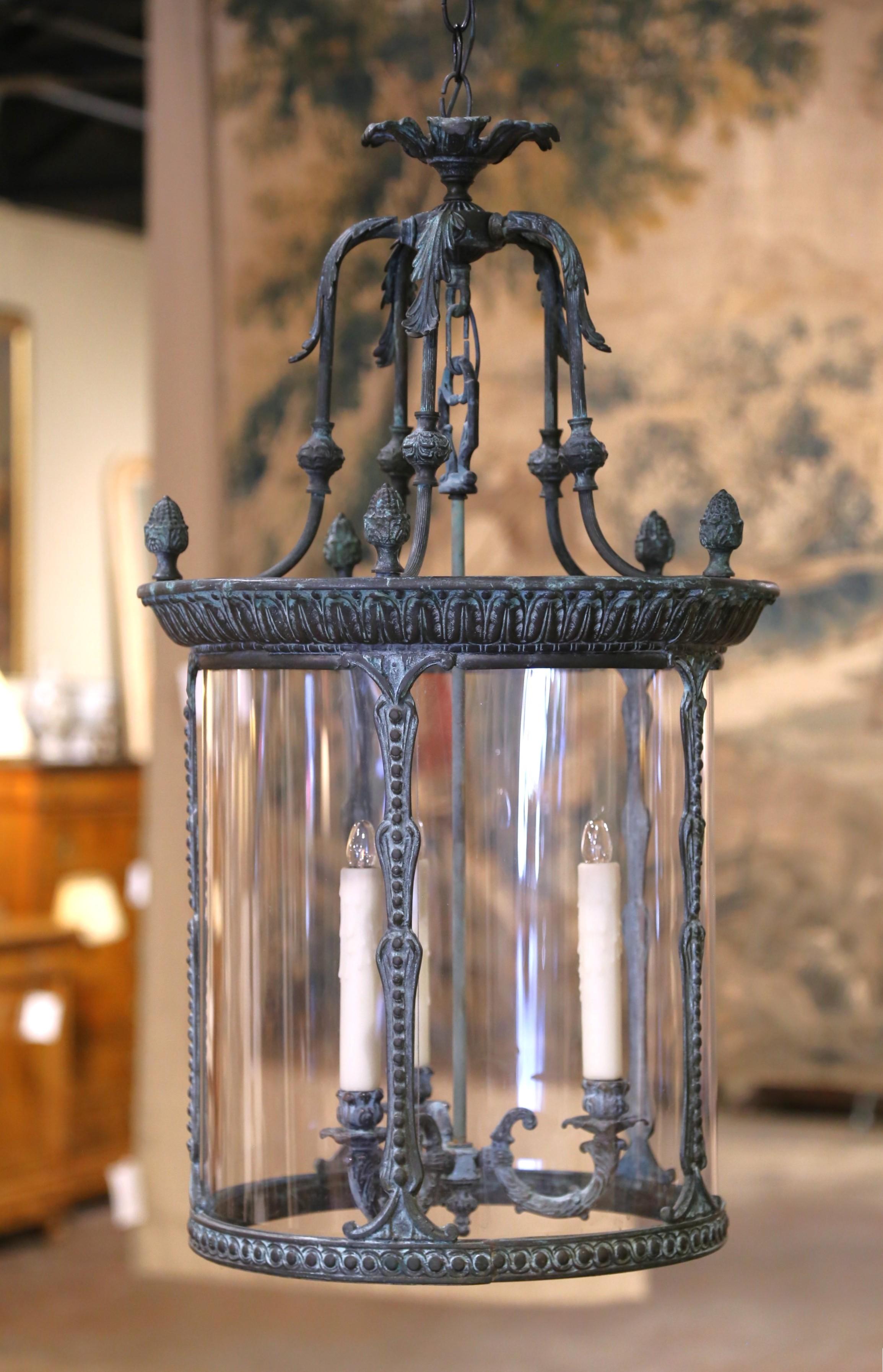 Set of Three French Verdigris Bronze Three-Light Ceiling Lanterns In Excellent Condition In Dallas, TX