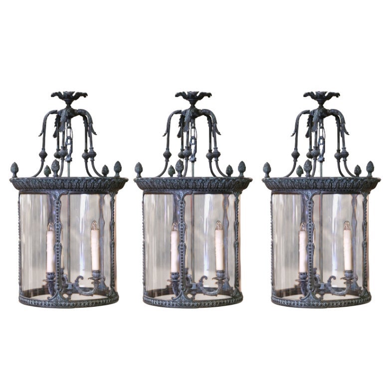 Set of Three French Verdigris Bronze Three-Light Ceiling Lanterns