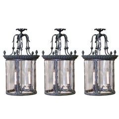 Set of Three French Verdigris Bronze Three-Light Ceiling Lanterns
