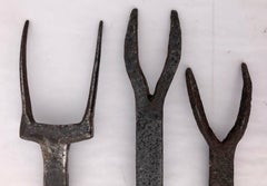 Set of Three French Very Large Hand-Wrought Iron Fireplace Double Finger Forks