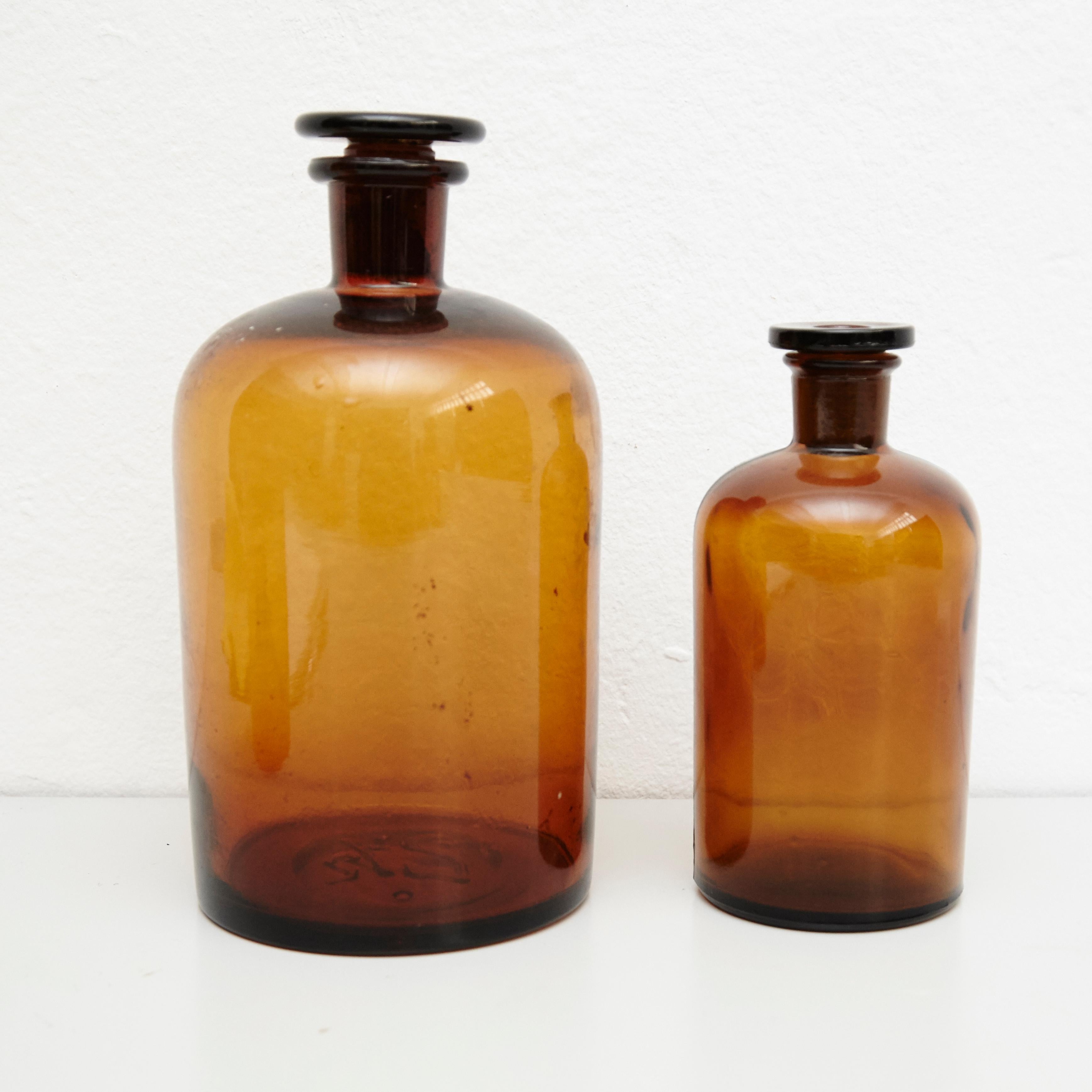 Set of Three French Vintage Amber Glass Pharmacy Bottle, circa 1930 2
