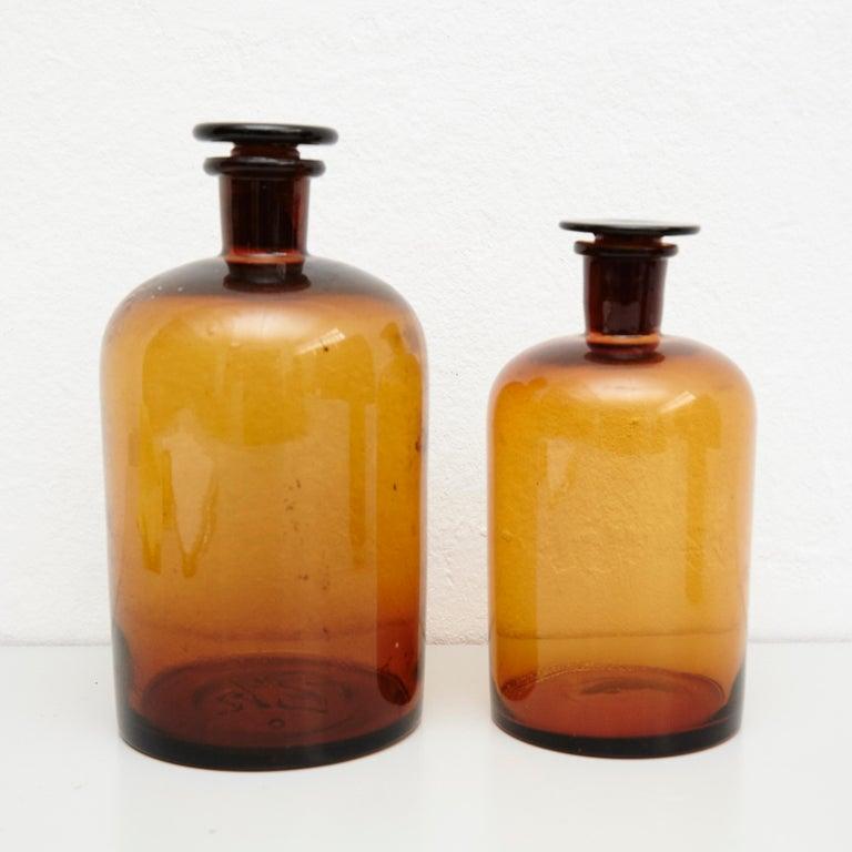 Mid-20th Century Set of Three French Vintage Amber Glass Pharmacy Bottle, circa 1930