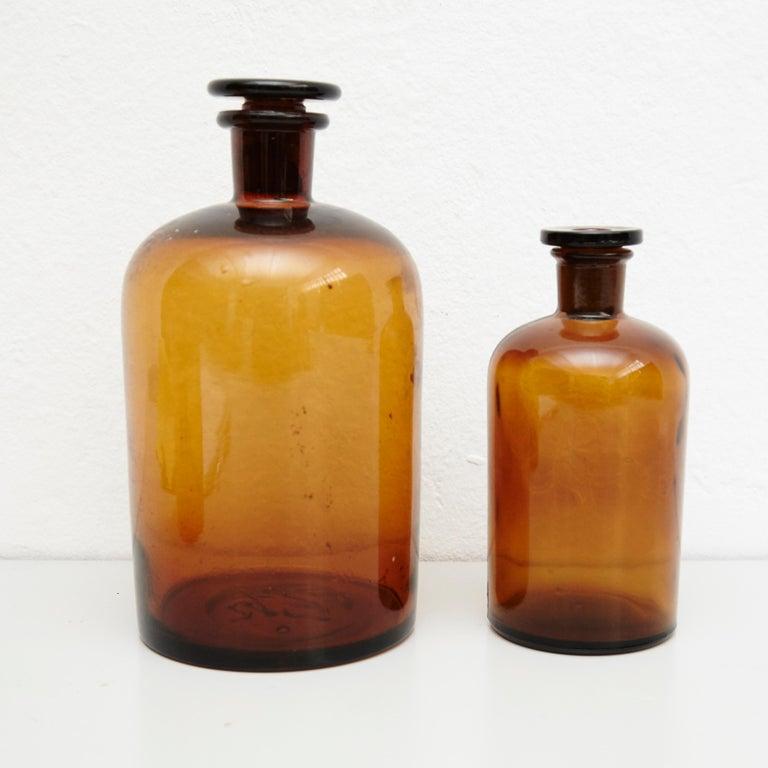 Set of Three French Vintage Amber Glass Pharmacy Bottle, circa 1930 1