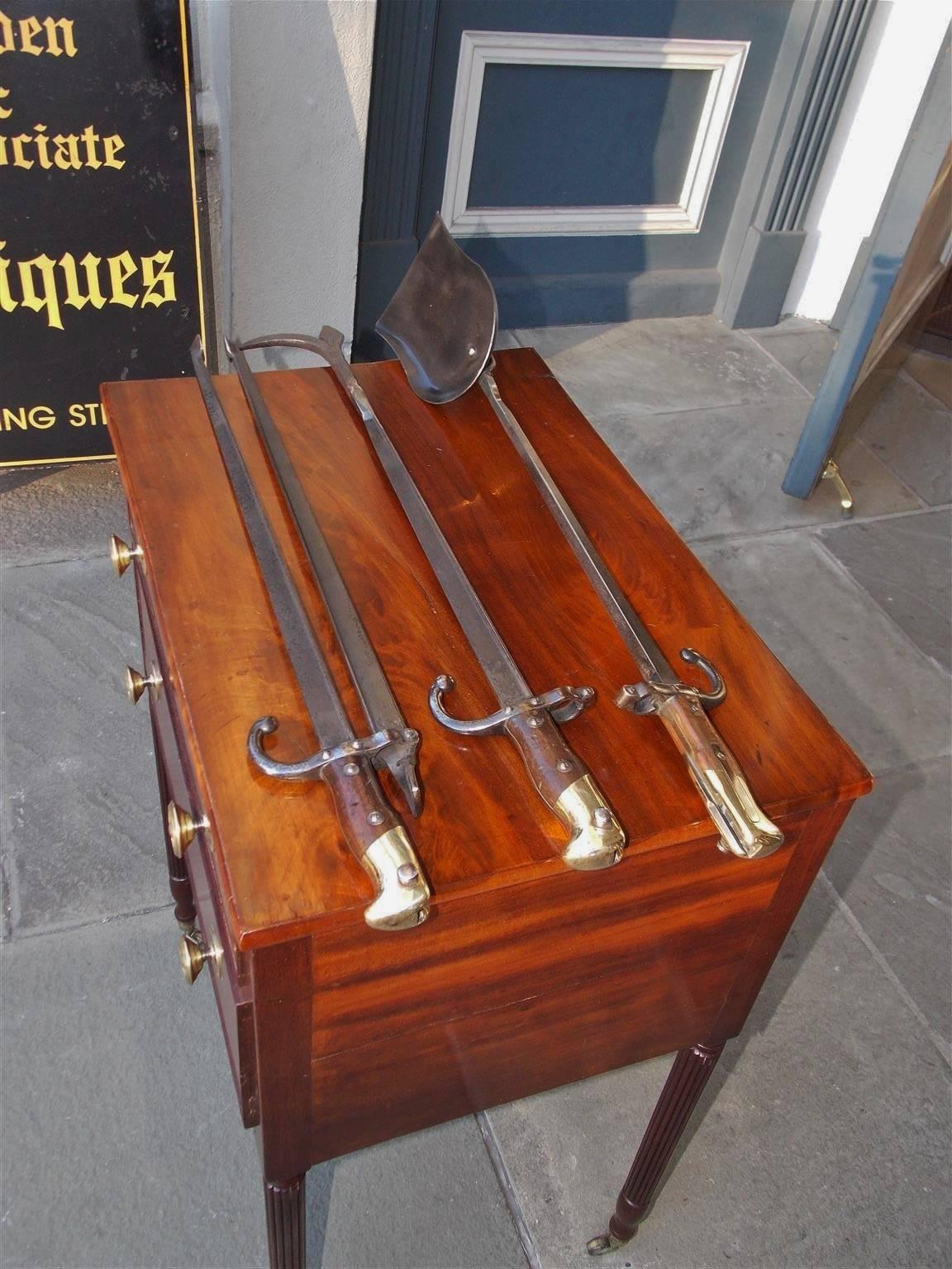 Louis Philippe Set of Three French Walnut Forged Steel and Brass Bayonet Fire Tools, Circa 1879