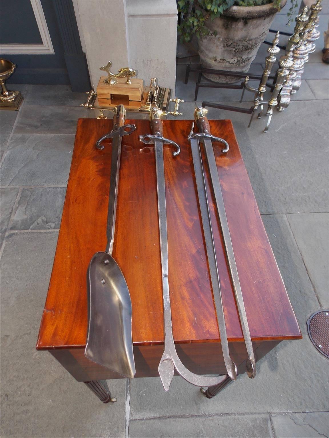 Hand-Carved Set of Three French Walnut Forged Steel and Brass Bayonet Fire Tools, Circa 1879