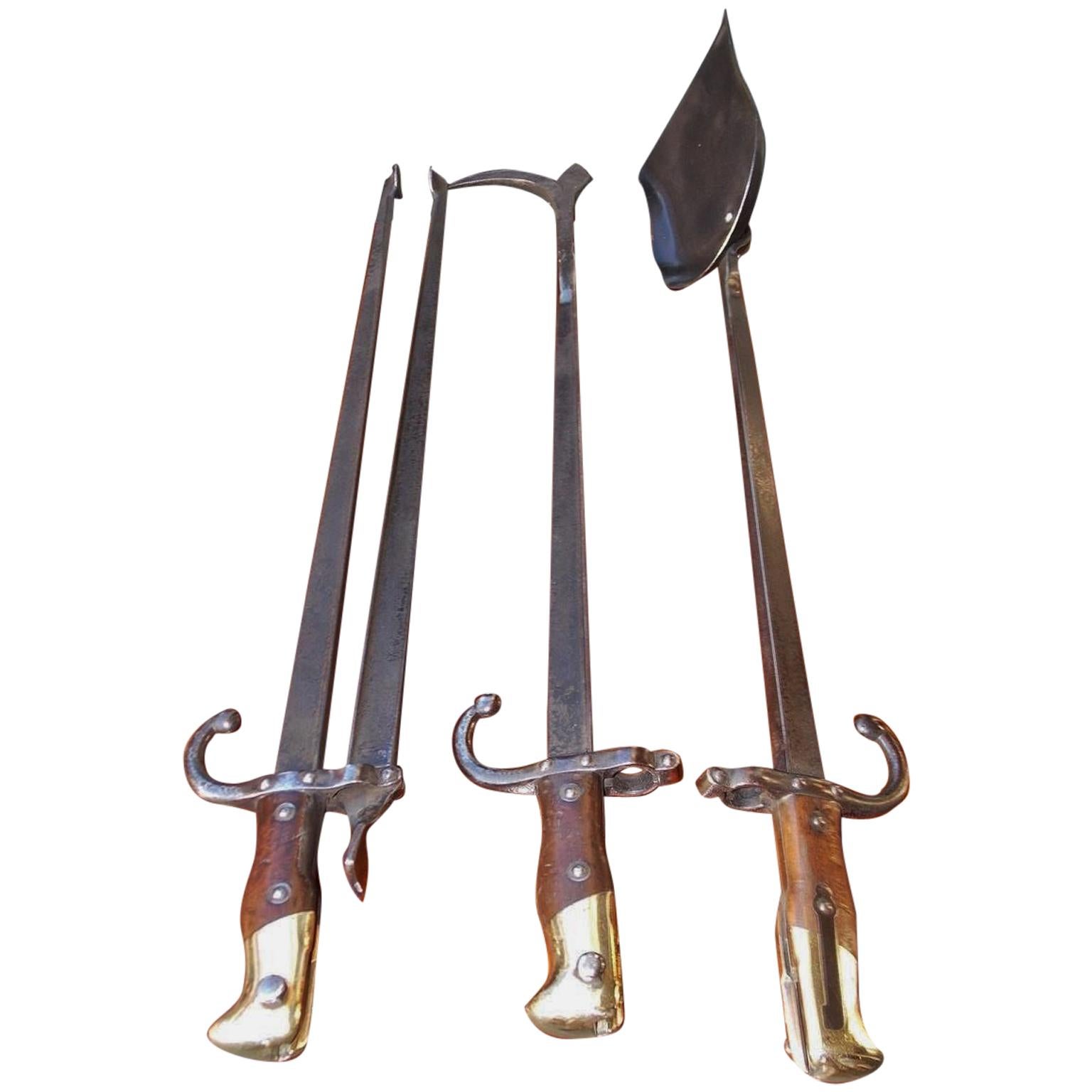 Set of Three French Walnut Forged Steel and Brass Bayonet Fire Tools, Circa 1879