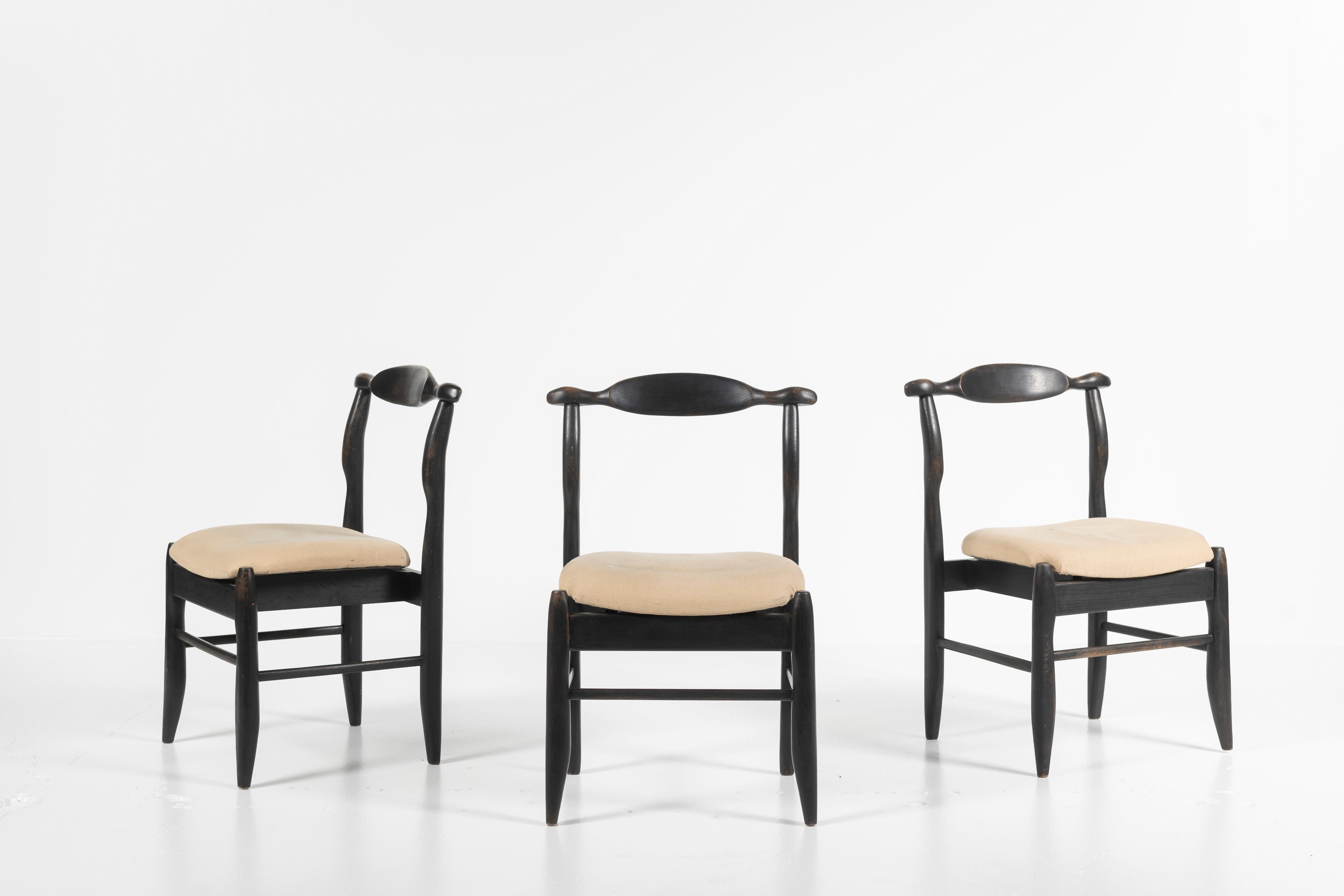 Mid-Century Modern Set of Three Fumay Chairs in Black Oak, Guillerme et Chambron, France, 1965