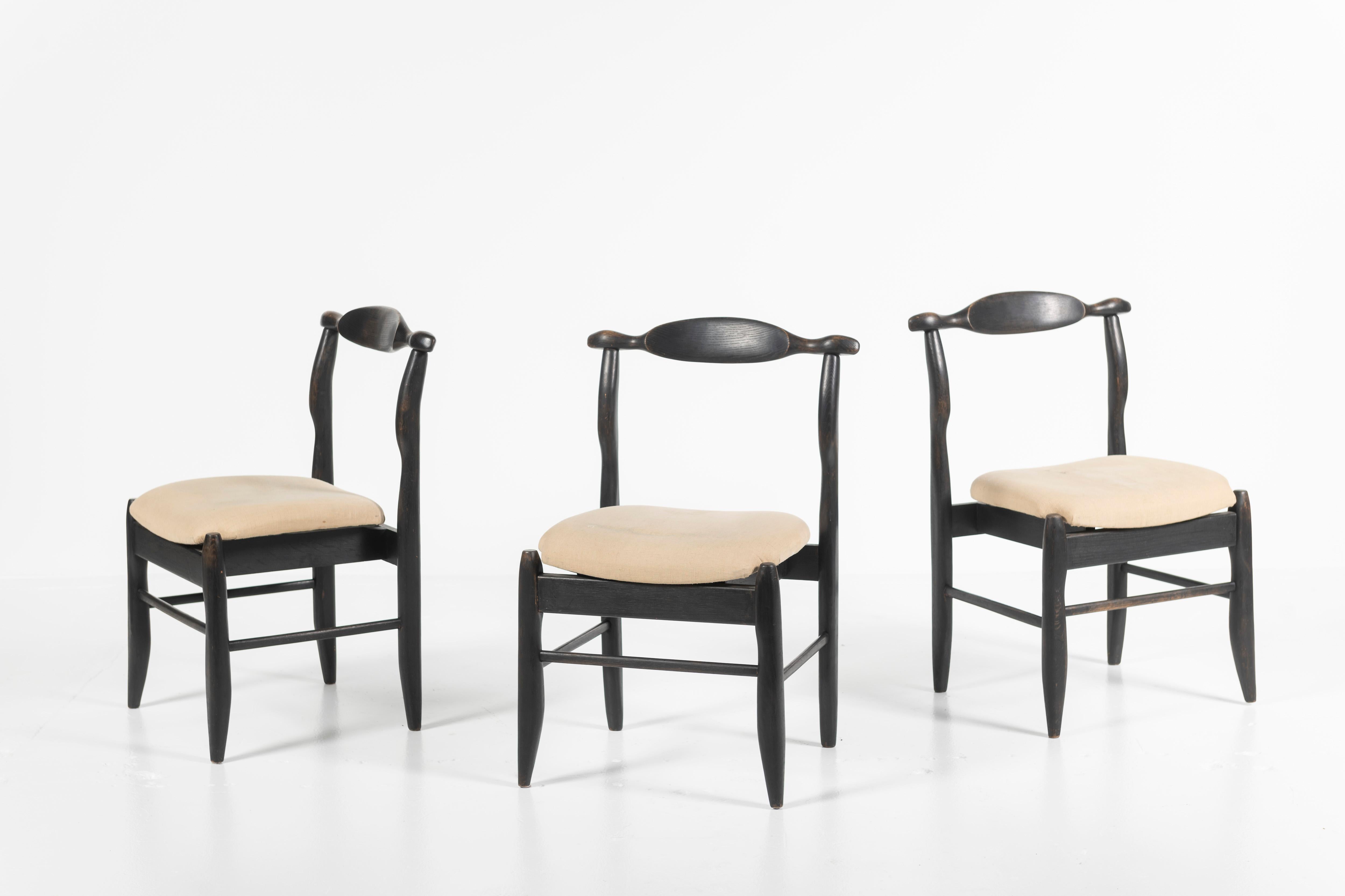 French Set of Three Fumay Chairs in Black Oak, Guillerme et Chambron, France, 1965