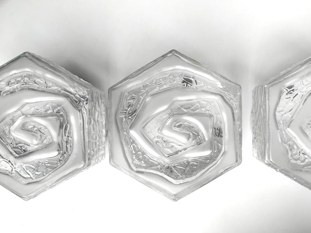 German Set of Three Geometric Glass Ceiling Wall Flushmounts Sconces, 1960s For Sale