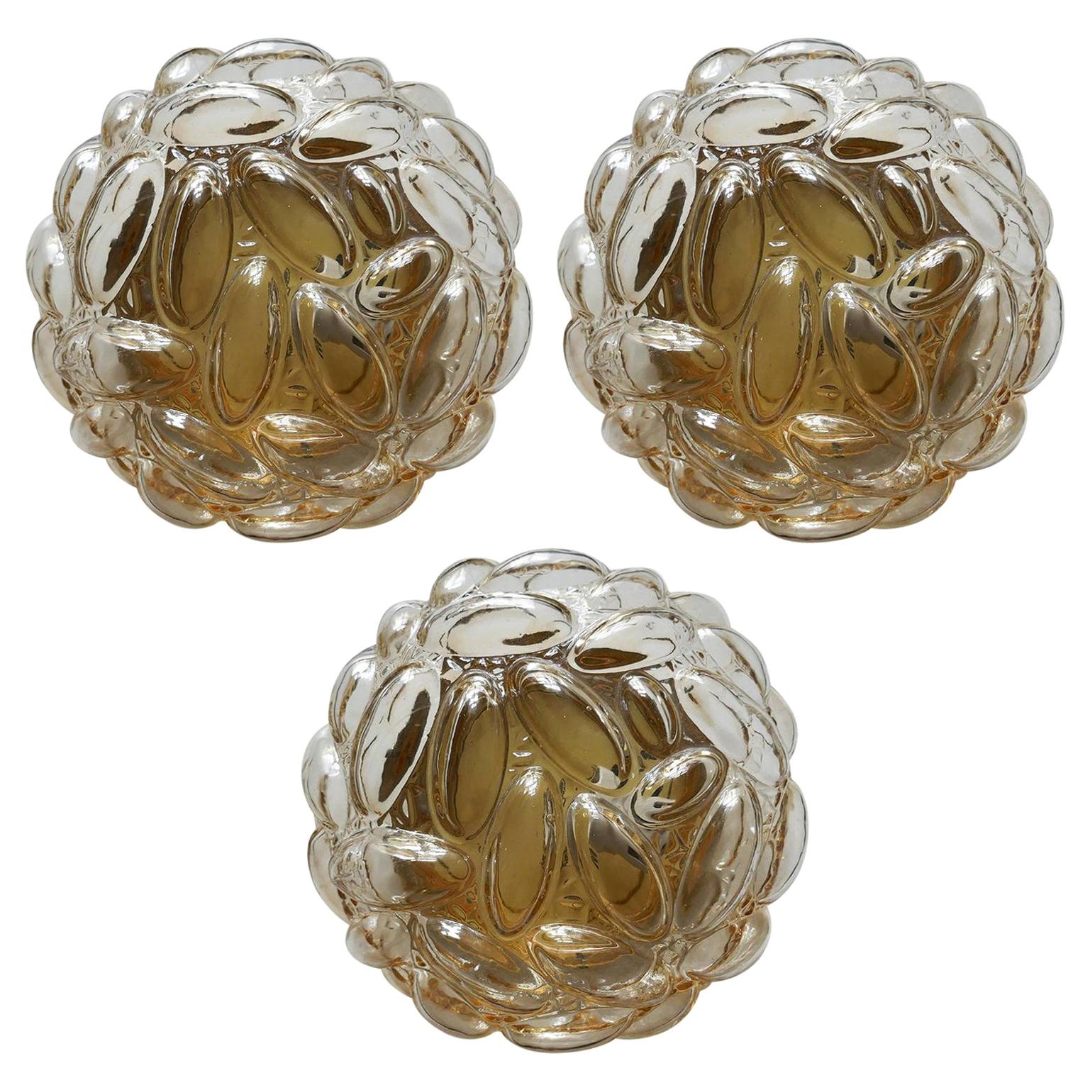 Set of Three German Vintage Amber Bubble Glass Ceiling Wall Lights Flush Mounts