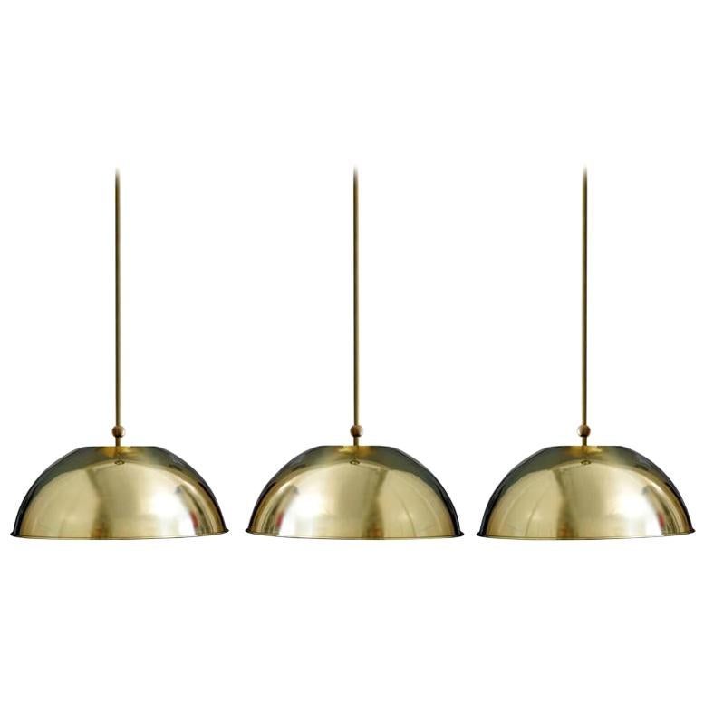 Set of Three German Vintage Huge and Rare Solid Brass Pendant Lights, 1960s