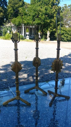 Set of Three Giacometti & Jean-michel Frank Bougeoir en Platre Doré Lamps