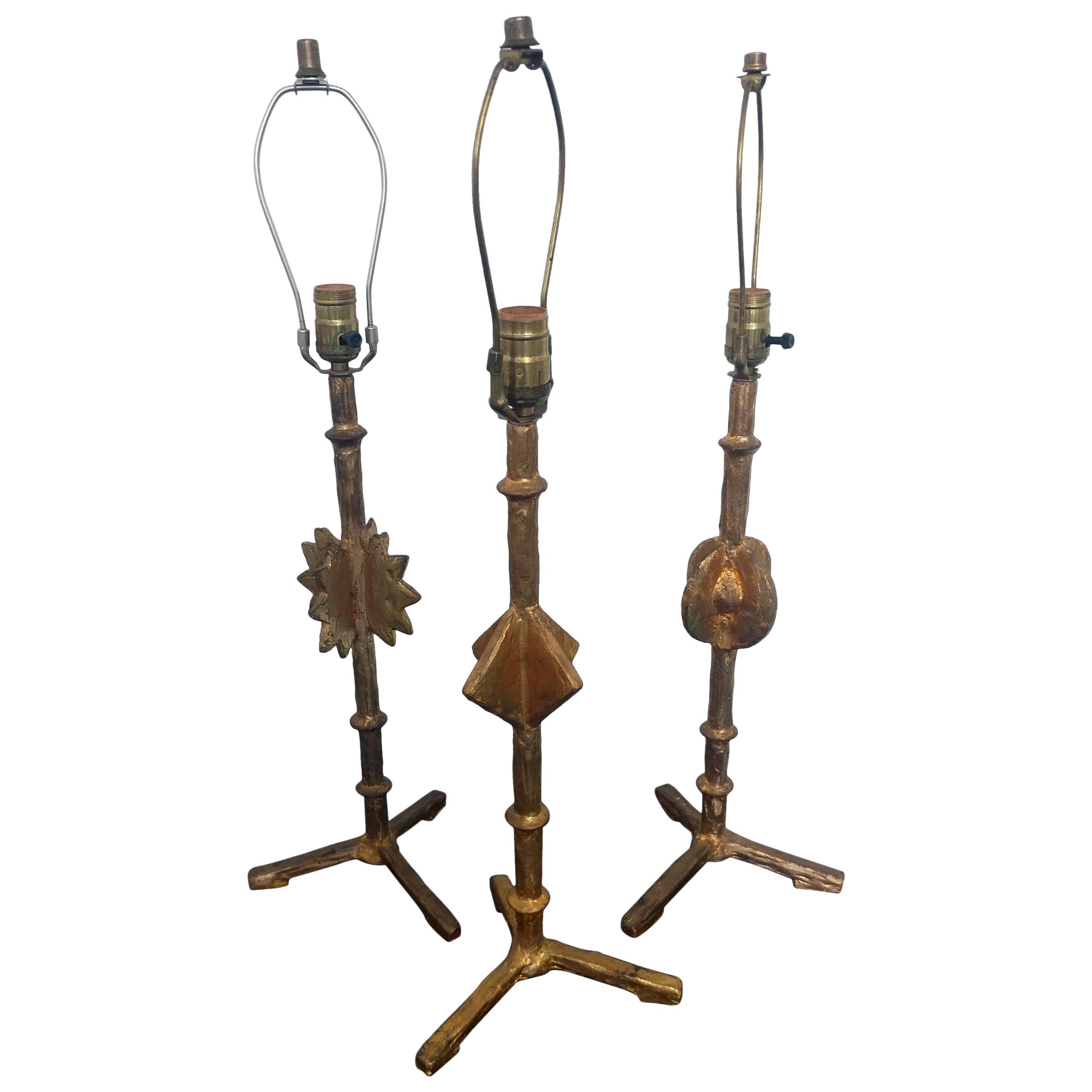 Set of Three Giacometti & Jean-michel Frank Bougeoir en Platre Doré Lamps For Sale