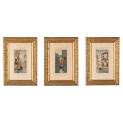 Set of Three Gilded Frames with Watercolors of Venice, 1900s Set of Three Gilded Frames with Watercolors of Venice, 1900s