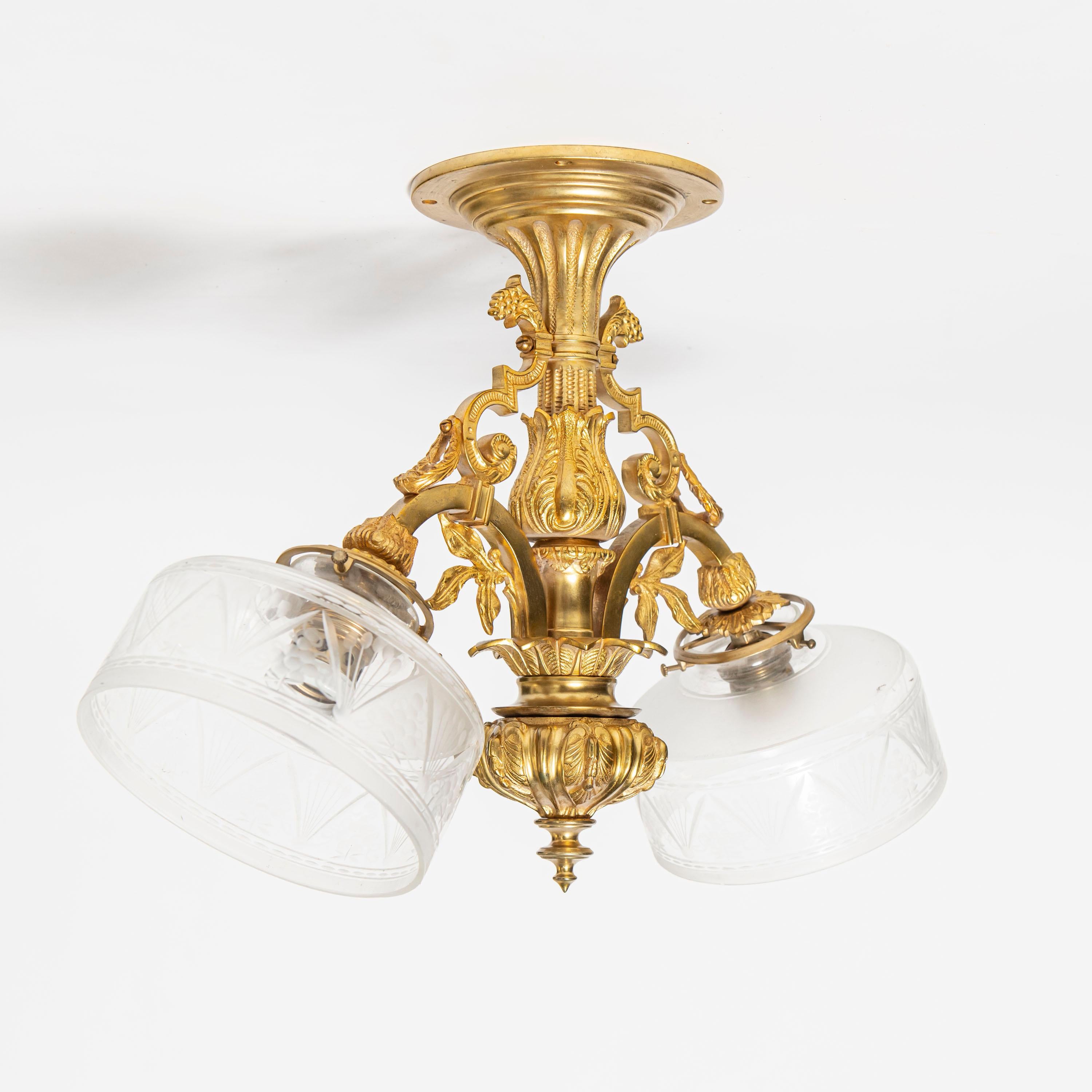 Neoclassical Set of Three Gilt Bronze and Cut Glass Flush Mount, Signed J. Stone, England For Sale