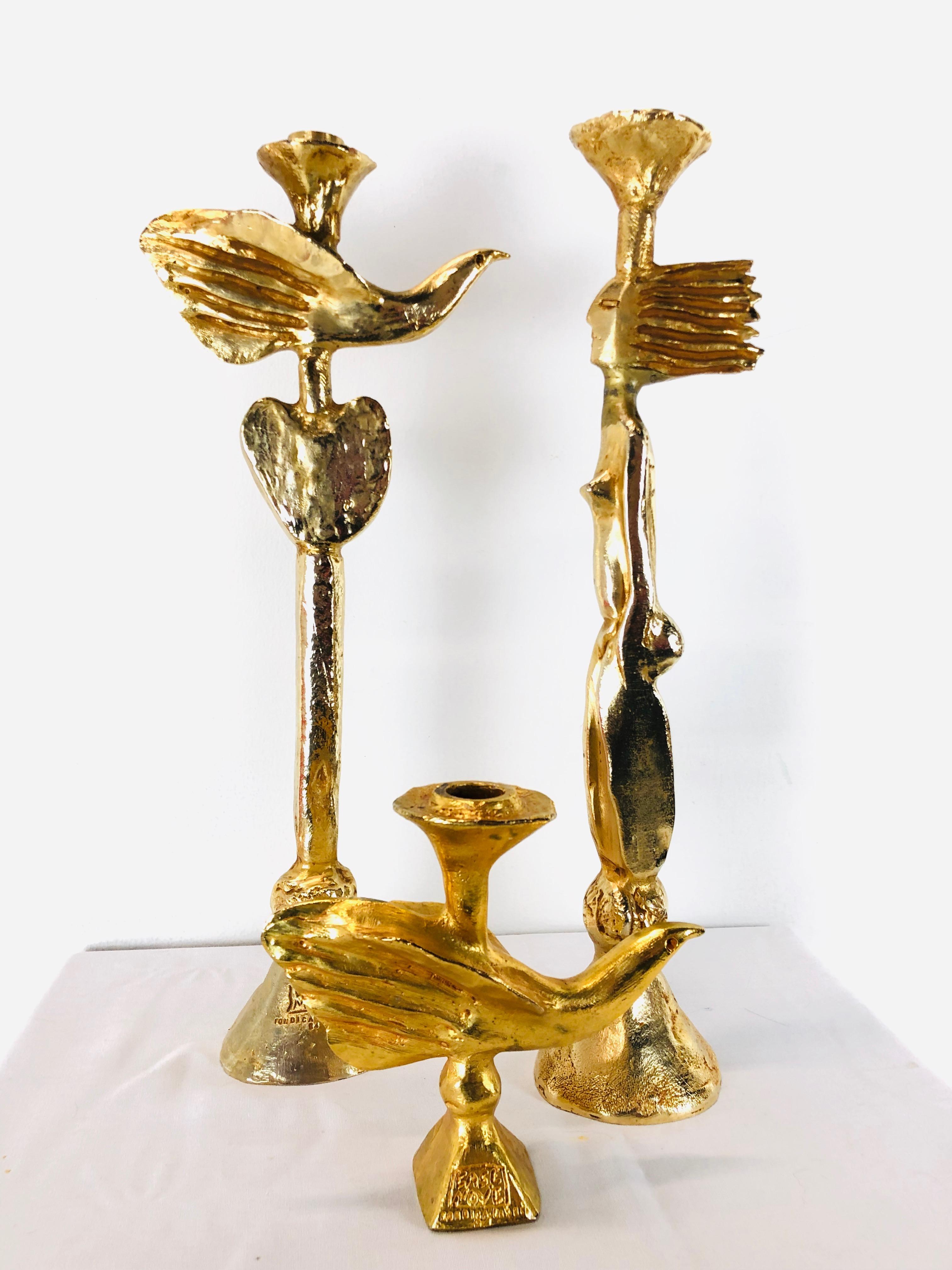 20th Century Set of Three Gilt Bronze Candlestick Holders by Pierre Casenove for Fondica