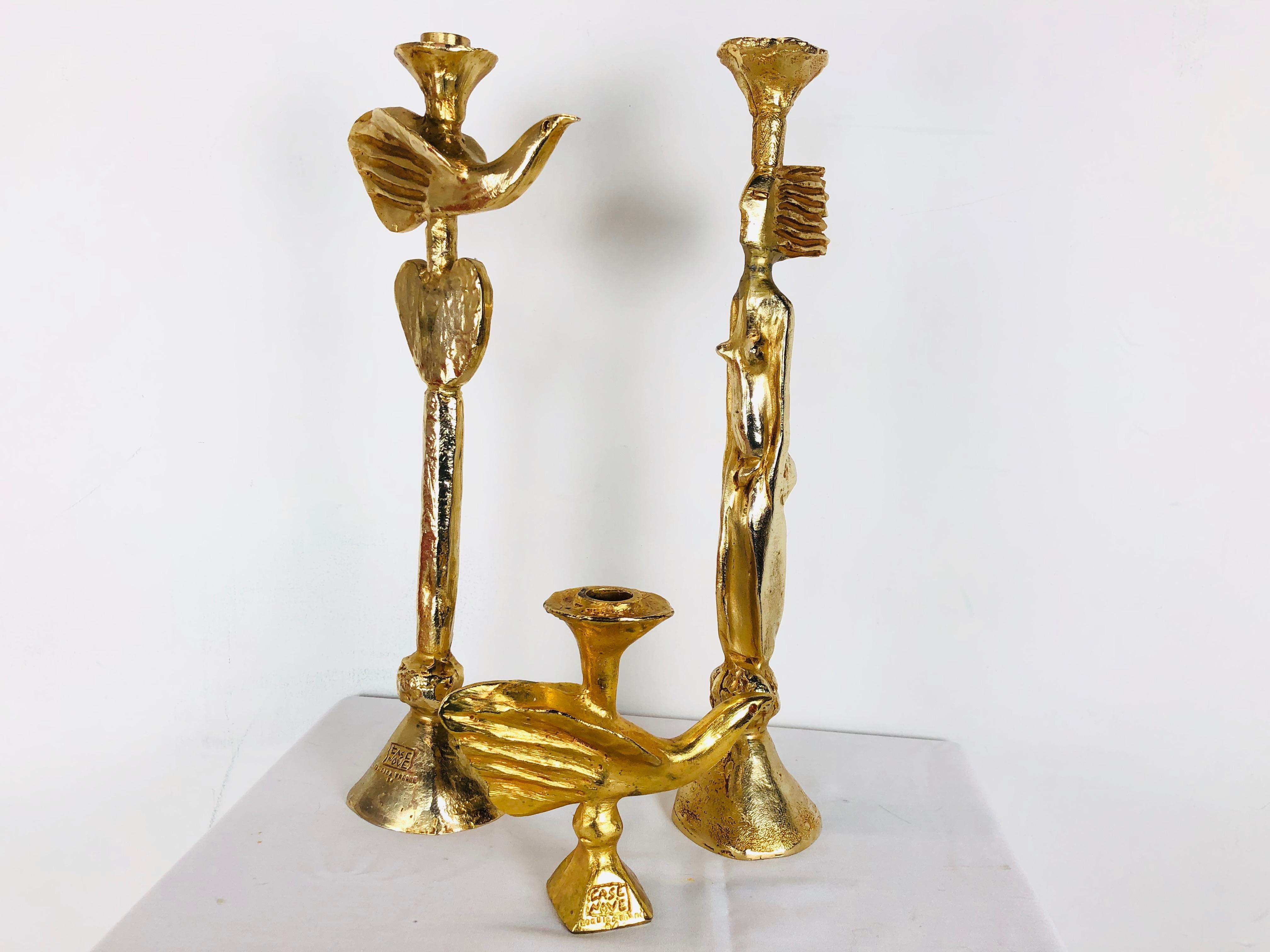 Set of Three Gilt Bronze Candlestick Holders by Pierre Casenove for Fondica 3