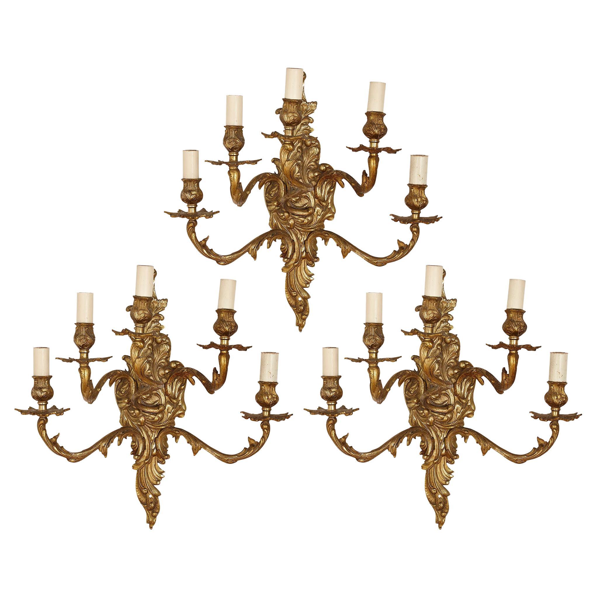 Set of Three Gilt Bronze Sconces in the Baroque Style For Sale