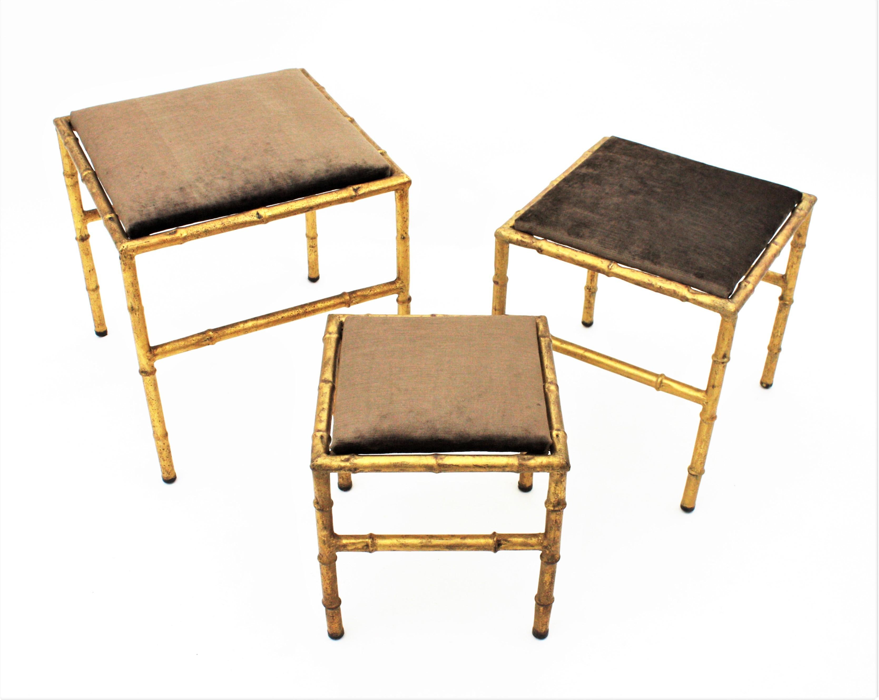 Set of Three Gilt Iron Faux Bamboo Nesting Stools Upholstered in Taupe Velvet 4