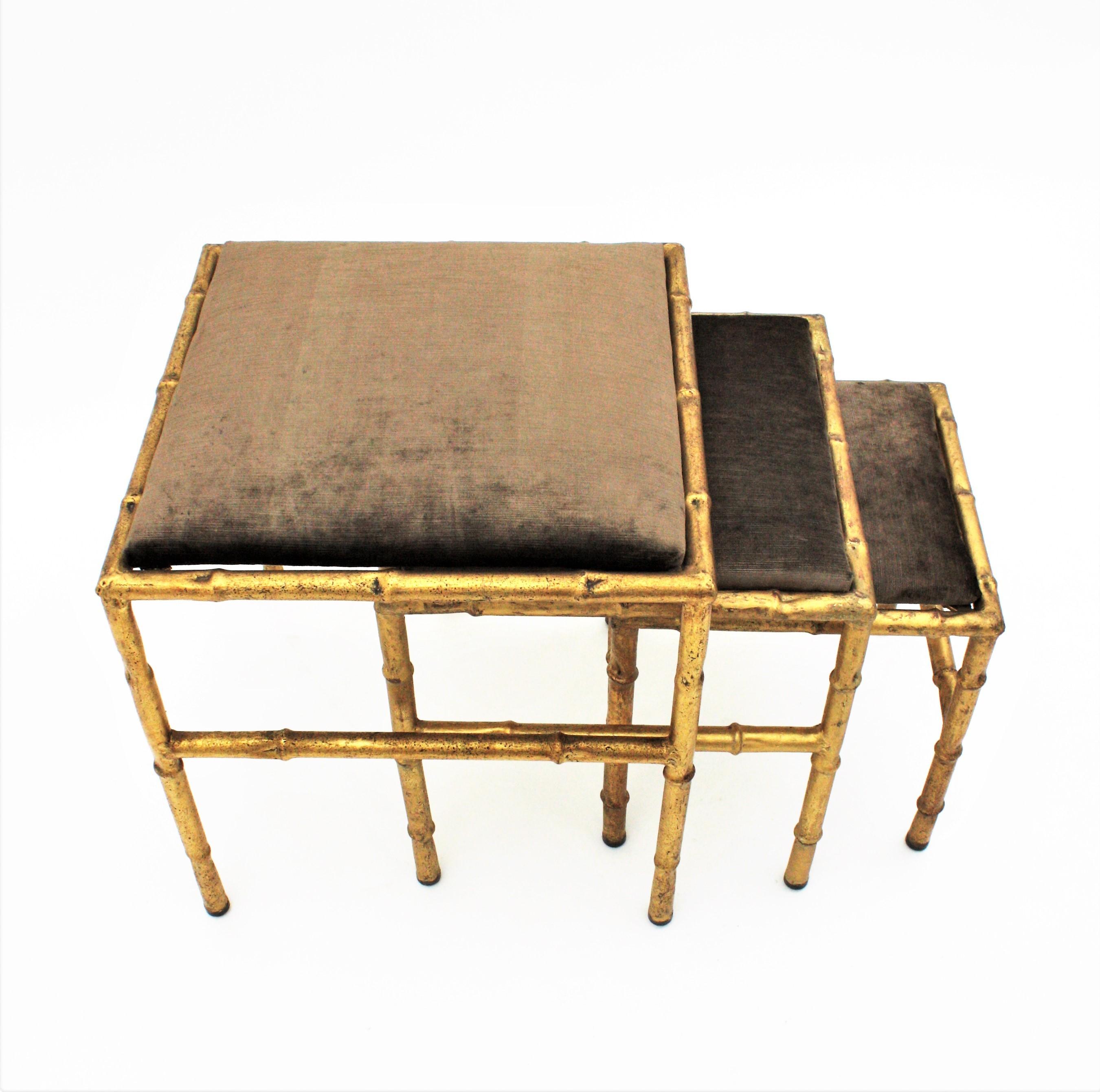 Set of Three Gilt Iron Faux Bamboo Nesting Stools Upholstered in Taupe Velvet 5
