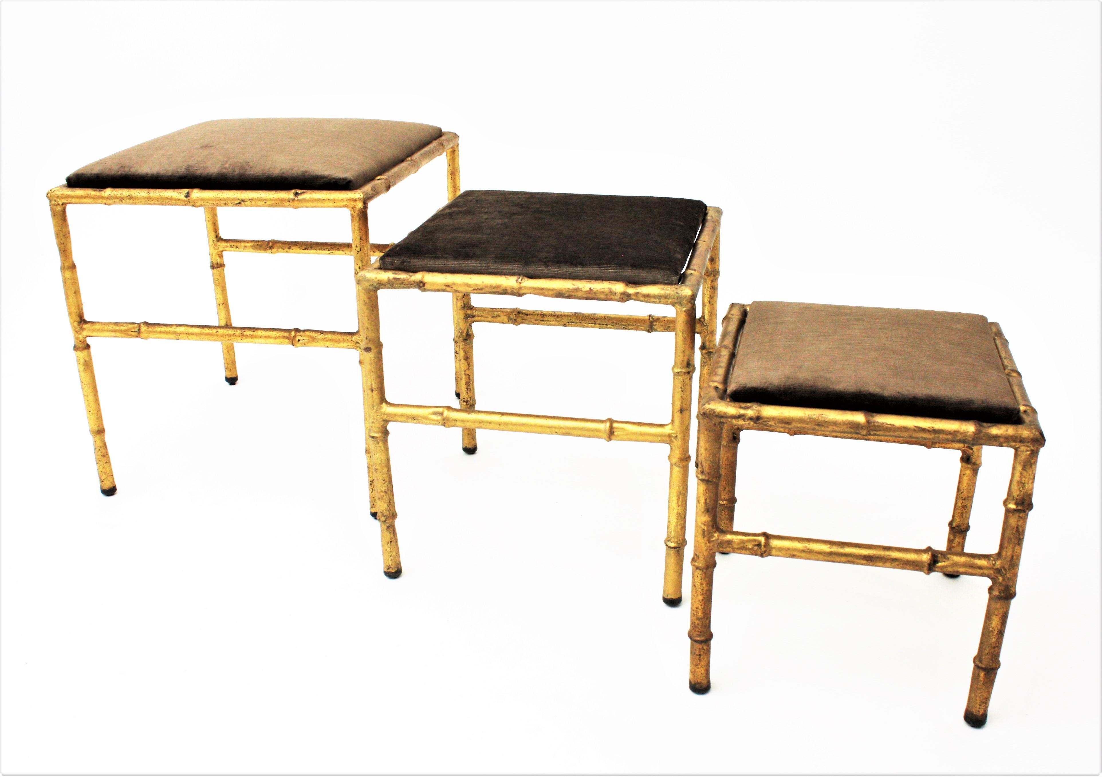 Set of Three Gilt Iron Faux Bamboo Nesting Stools Upholstered in Taupe Velvet 6