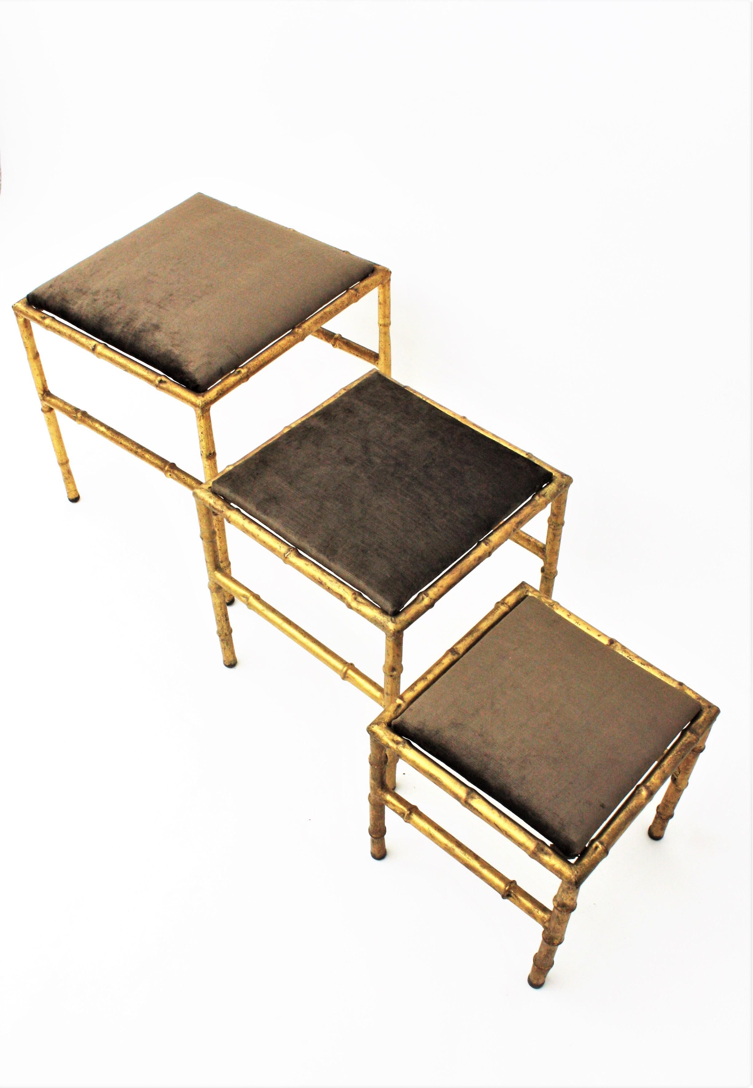 Set of Three Gilt Iron Faux Bamboo Nesting Stools Upholstered in Taupe Velvet 7