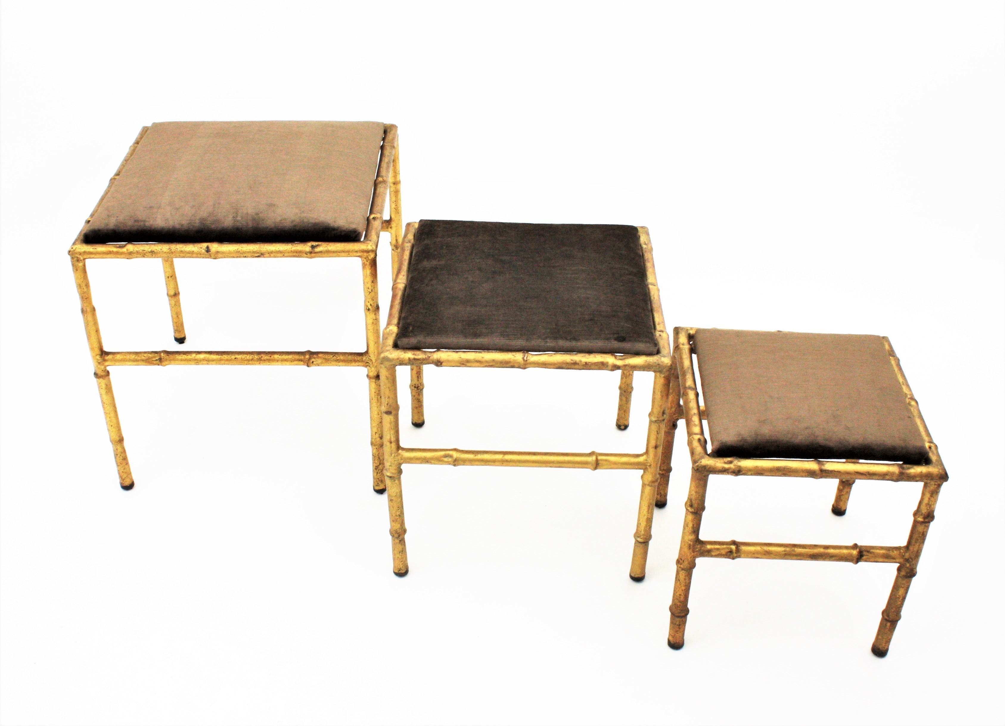 Set of Three Gilt Iron Faux Bamboo Nesting Stools Upholstered in Taupe Velvet 8