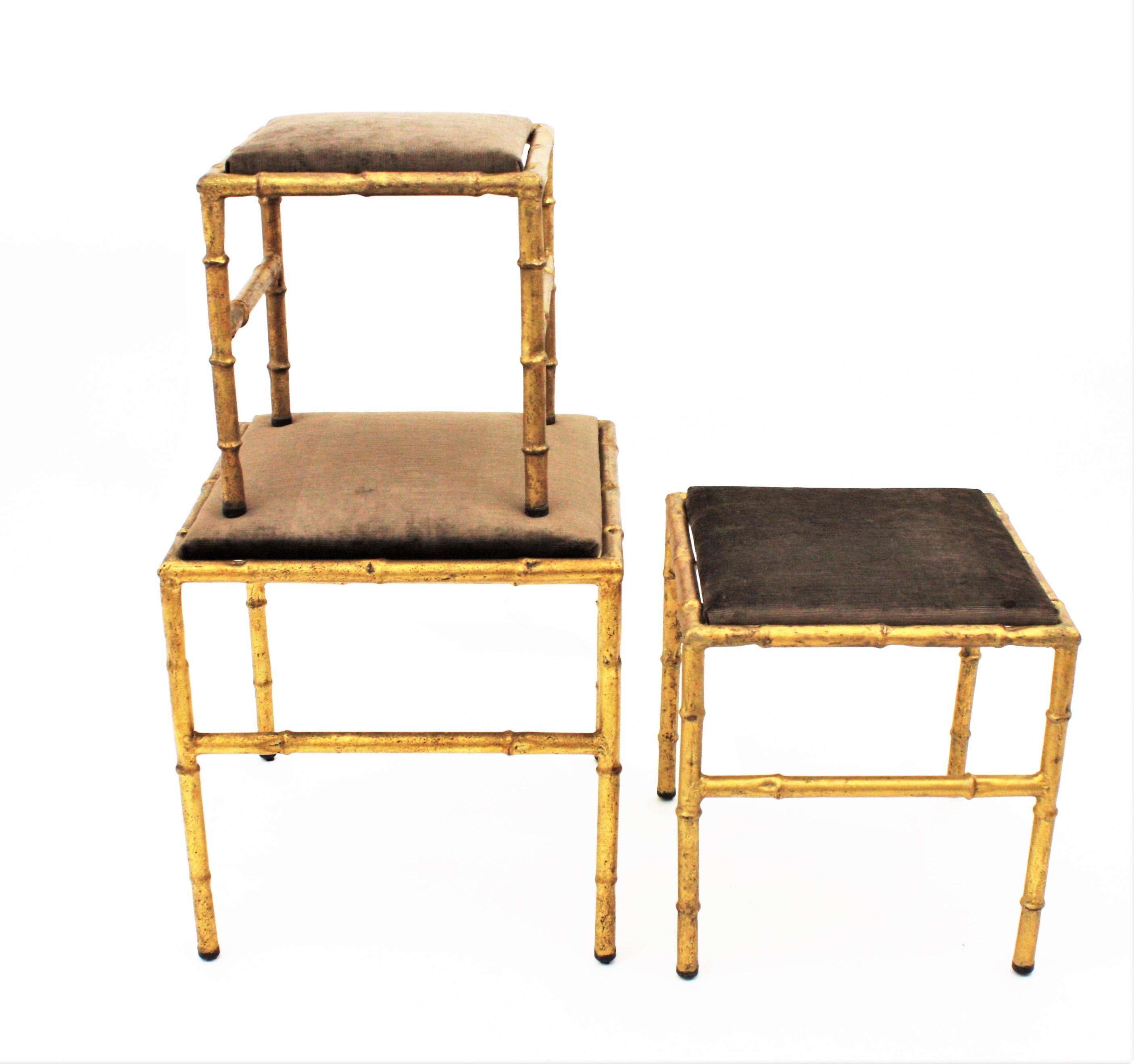 Set of Three Gilt Iron Faux Bamboo Nesting Stools Upholstered in Taupe Velvet 9