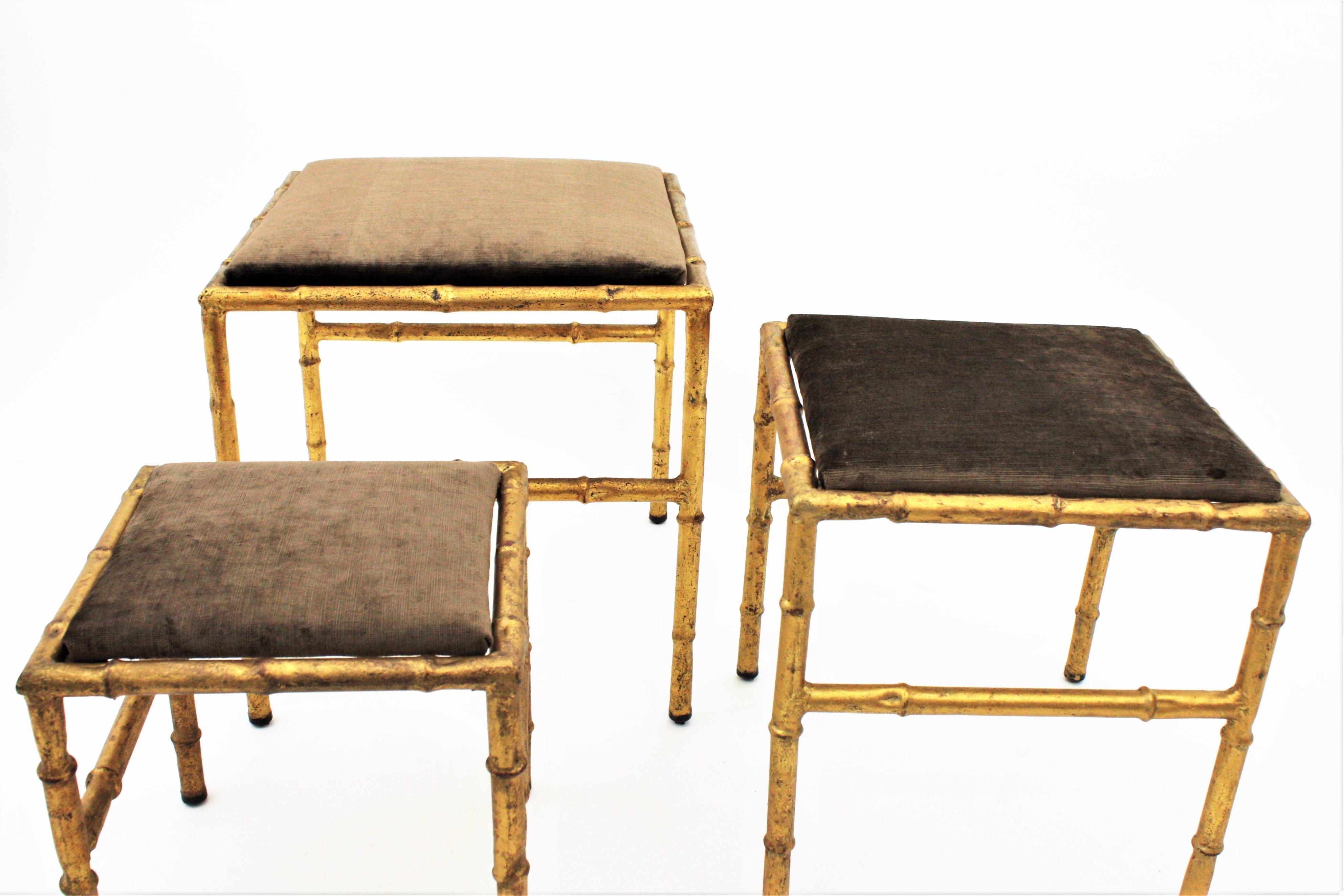 Set of Three Gilt Iron Faux Bamboo Nesting Stools Upholstered in Taupe Velvet 10