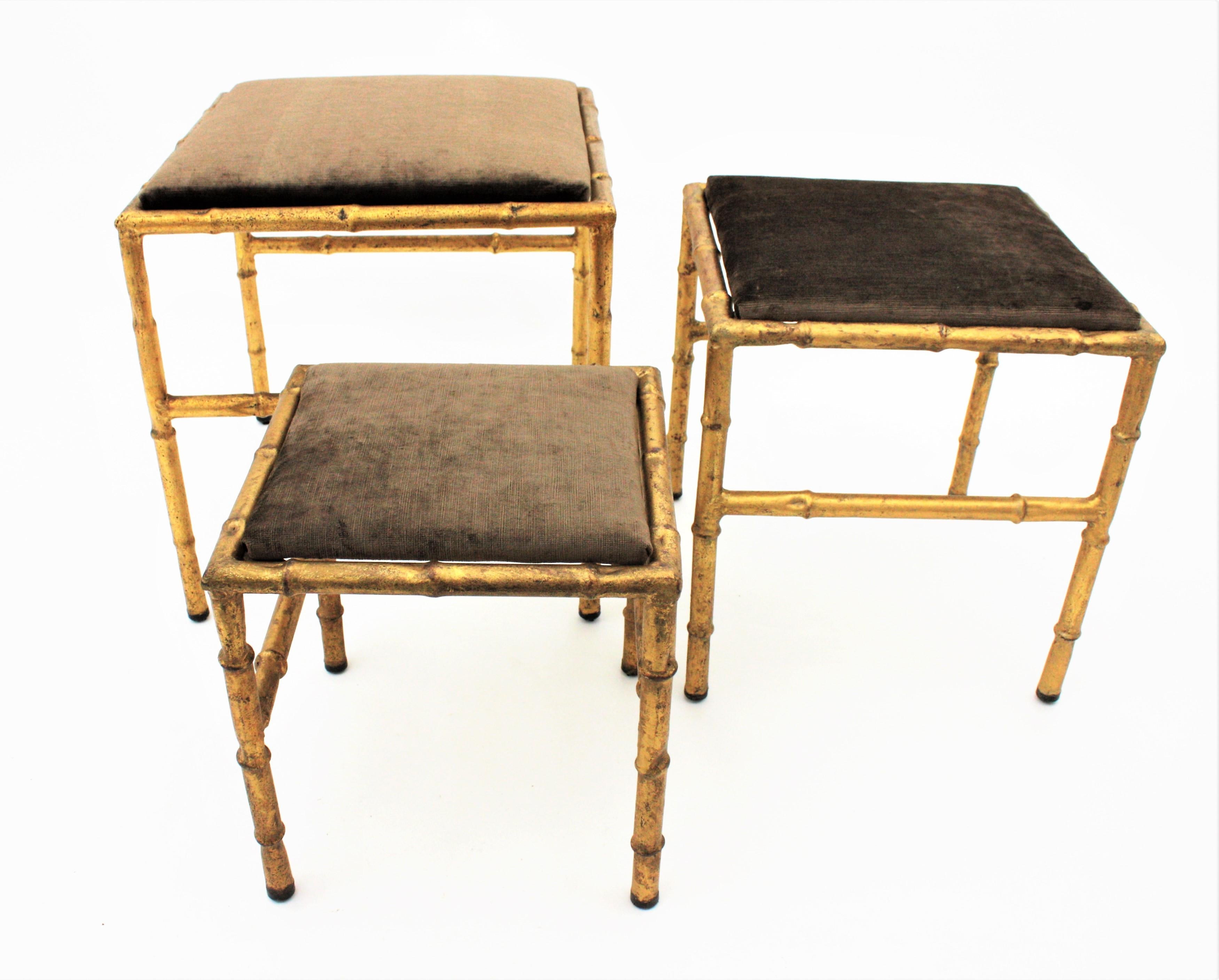 Set of Three Gilt Iron Faux Bamboo Nesting Stools Upholstered in Taupe Velvet 11