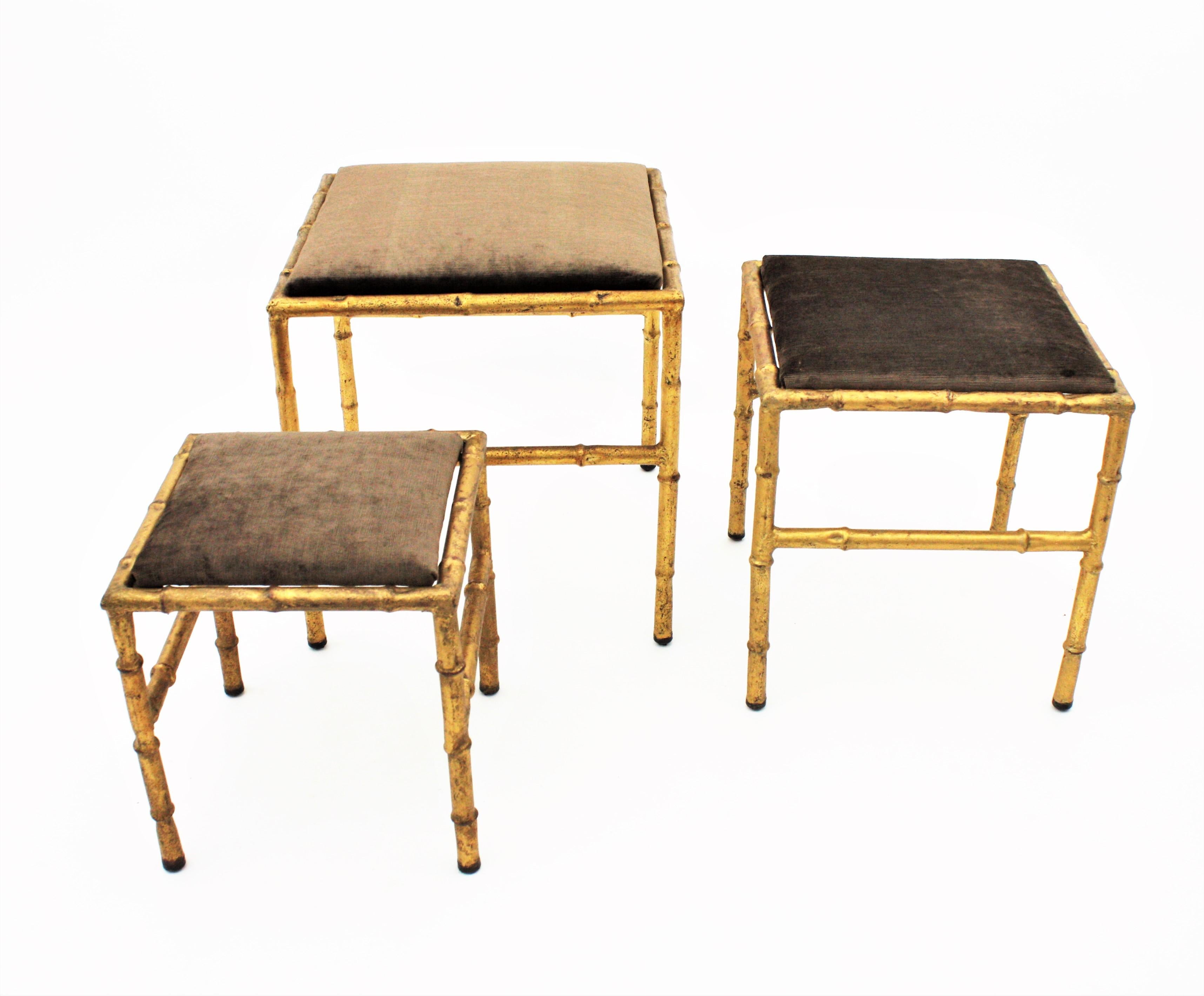 Set of Three Gilt Iron Faux Bamboo Nesting Stools Upholstered in Taupe Velvet 12