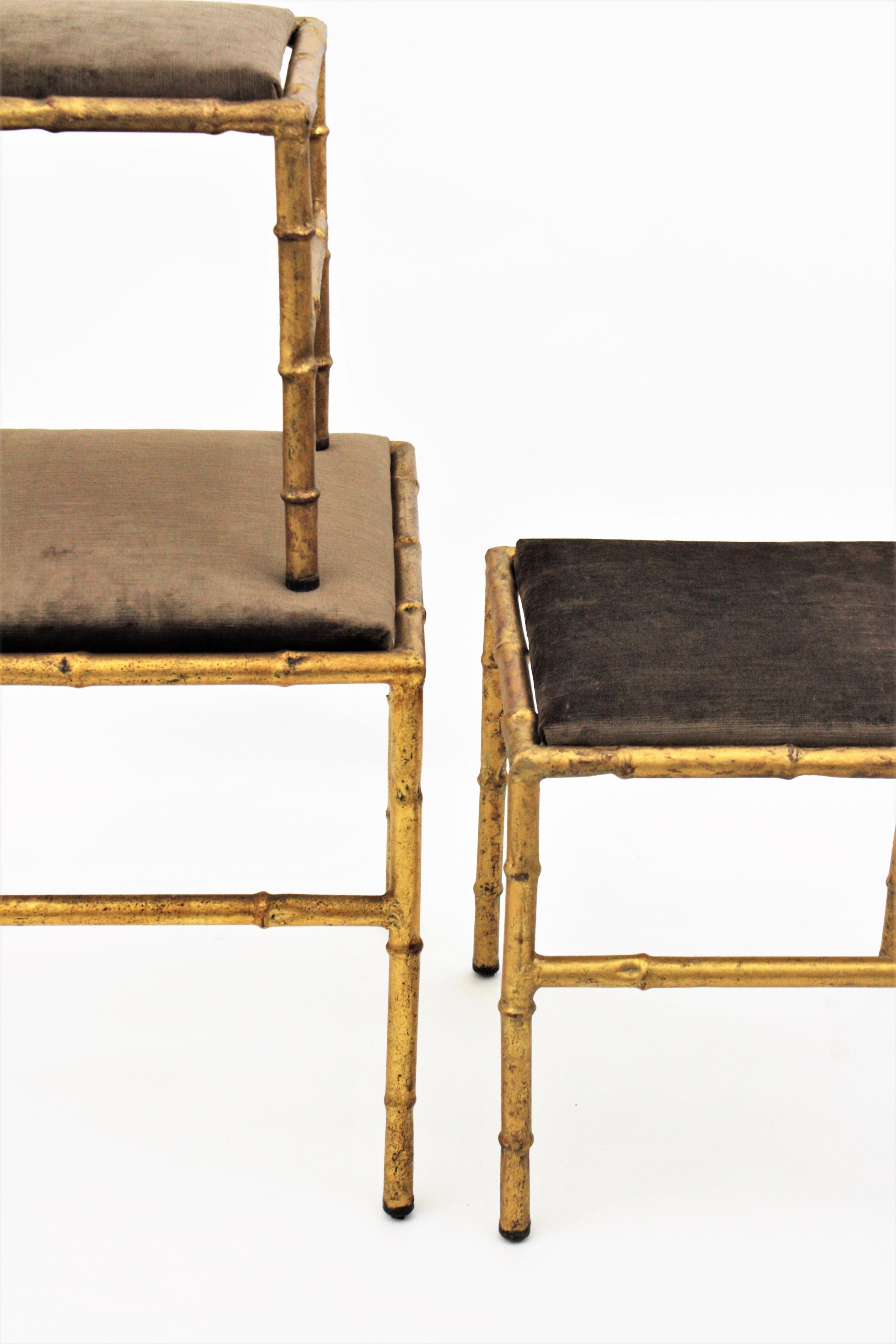 Set of Three Gilt Iron Faux Bamboo Nesting Stools Upholstered in Taupe Velvet 13