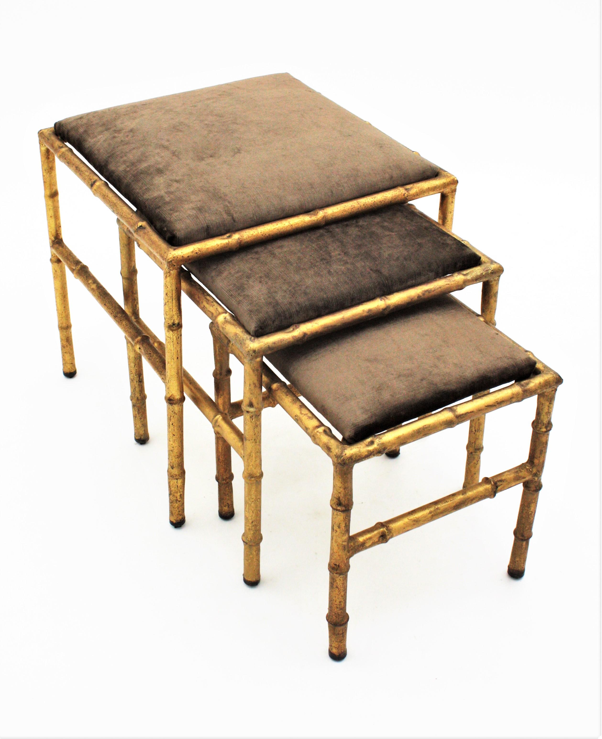 French Set of Three Gilt Iron Faux Bamboo Nesting Stools Upholstered in Taupe Velvet