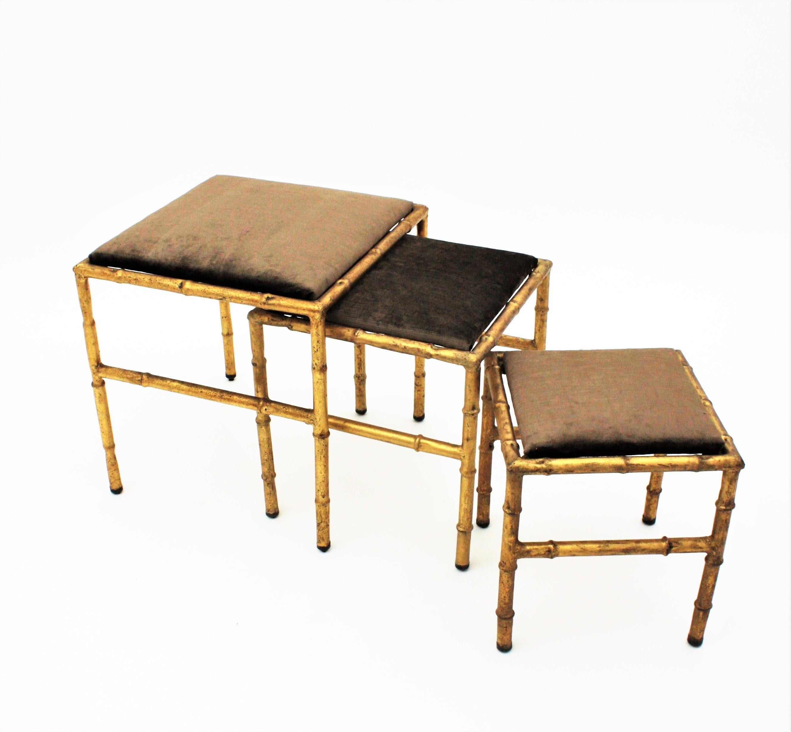 Set of Three Gilt Iron Faux Bamboo Nesting Stools Upholstered in Taupe Velvet In Excellent Condition In Barcelona, ES