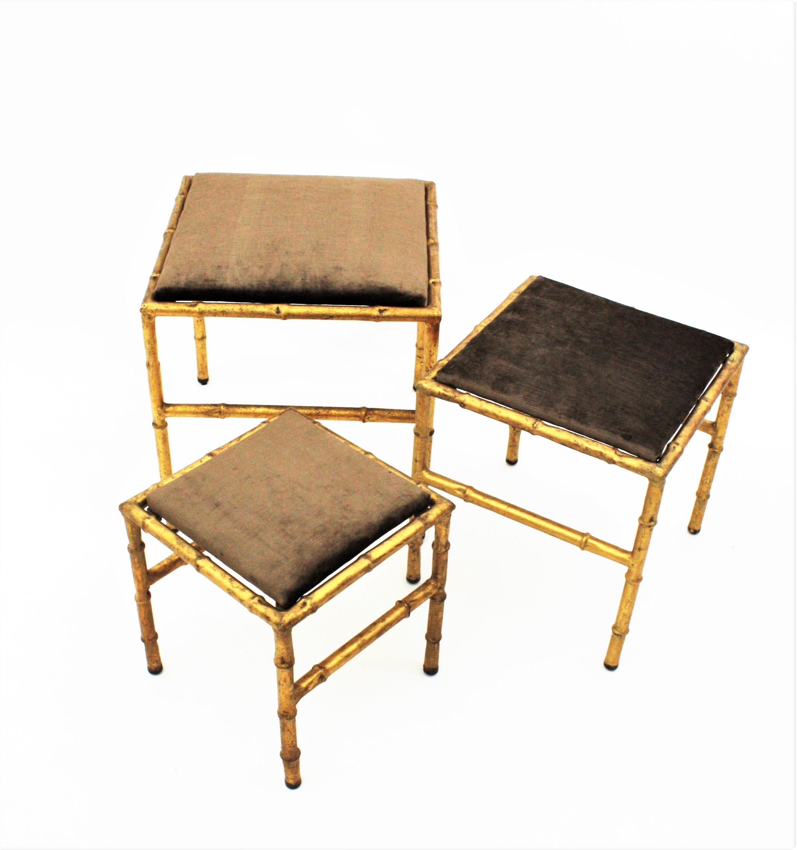 20th Century Set of Three Gilt Iron Faux Bamboo Nesting Stools Upholstered in Taupe Velvet