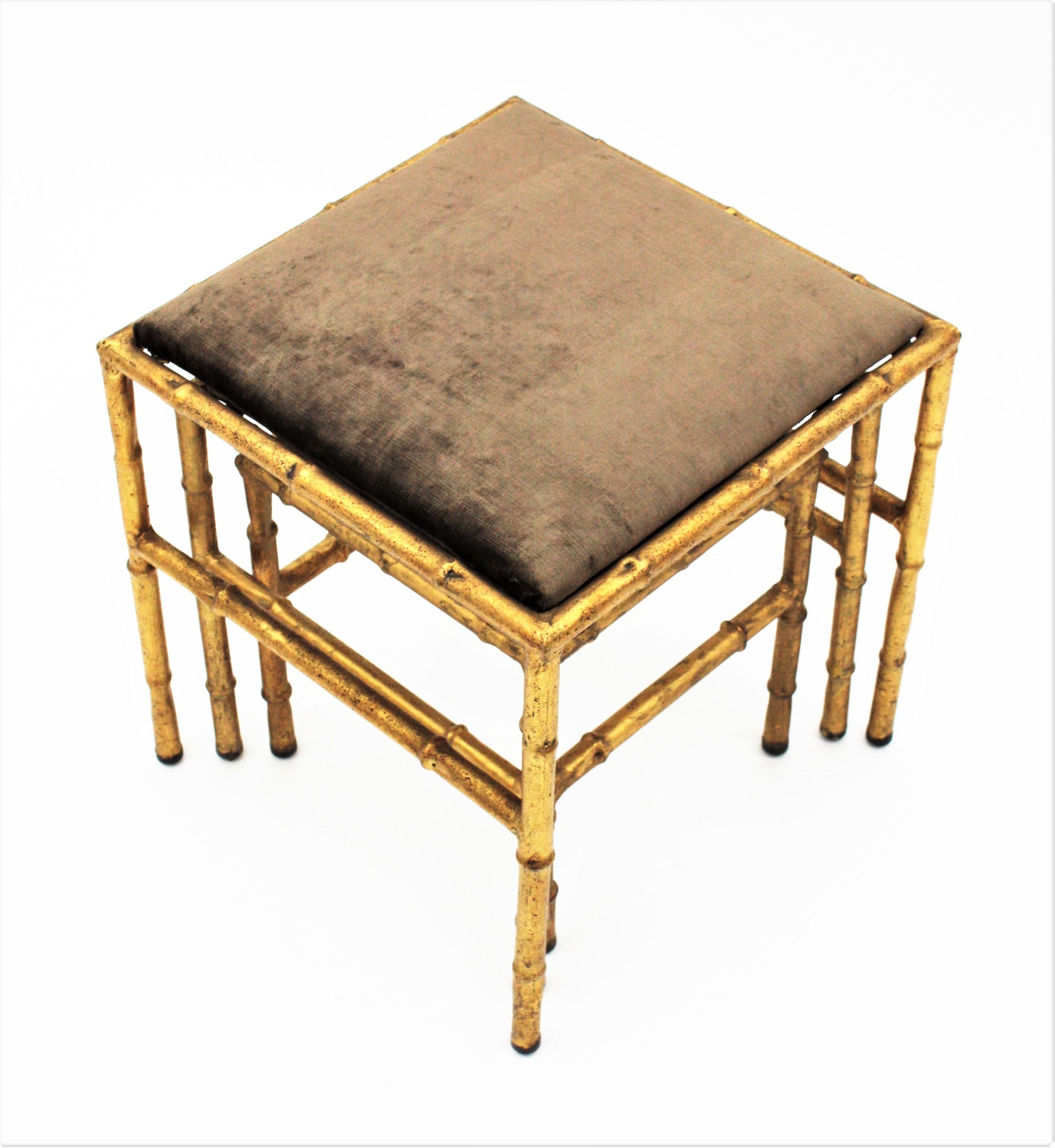 Set of Three Gilt Iron Faux Bamboo Nesting Stools Upholstered in Taupe Velvet 2